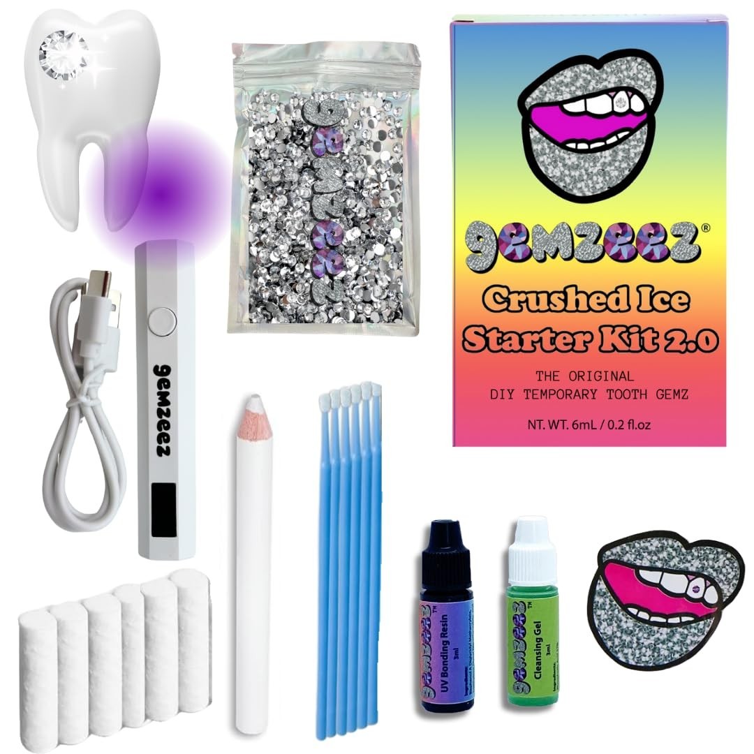 Easy At-Home Tooth Gem Kit – Crushed Ice Rhinestone Gems & UV Light