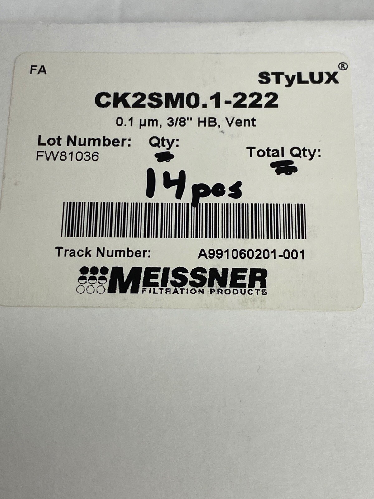 (14) MEISSNER FILTRATION STyLUX Filter Capsule 0.1um 3/8”HB Vent CK2SM0.1-222