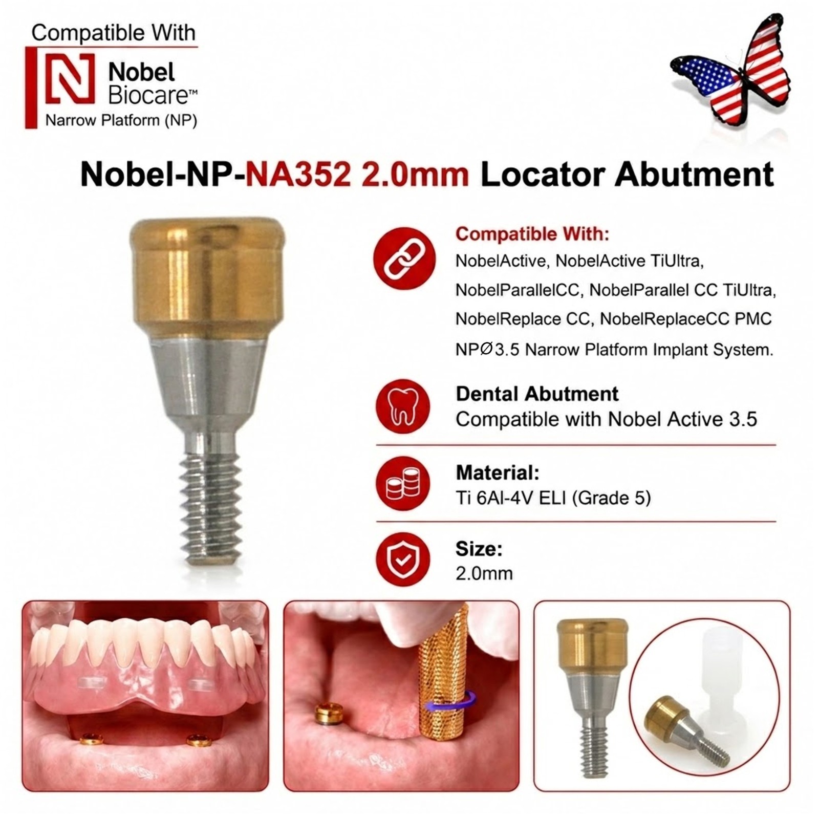 Dental Nobel Biocare Active NP/RP Locator Abutment Conical Titanium 1-5mm Height