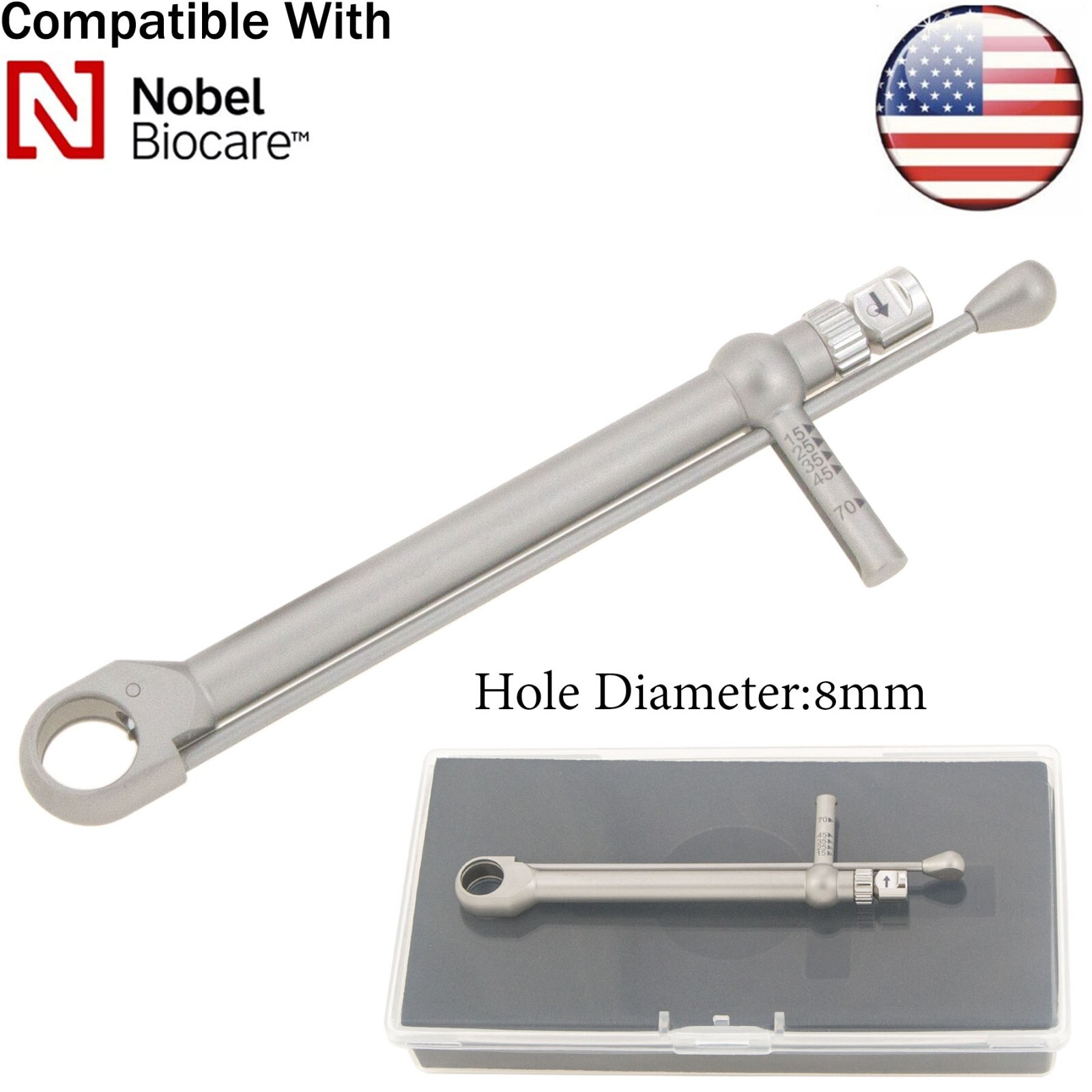 US Dental lmplant Torque Wrench 8mm Ratchet Manual Fits Nobel Biocare 15-70Ncm