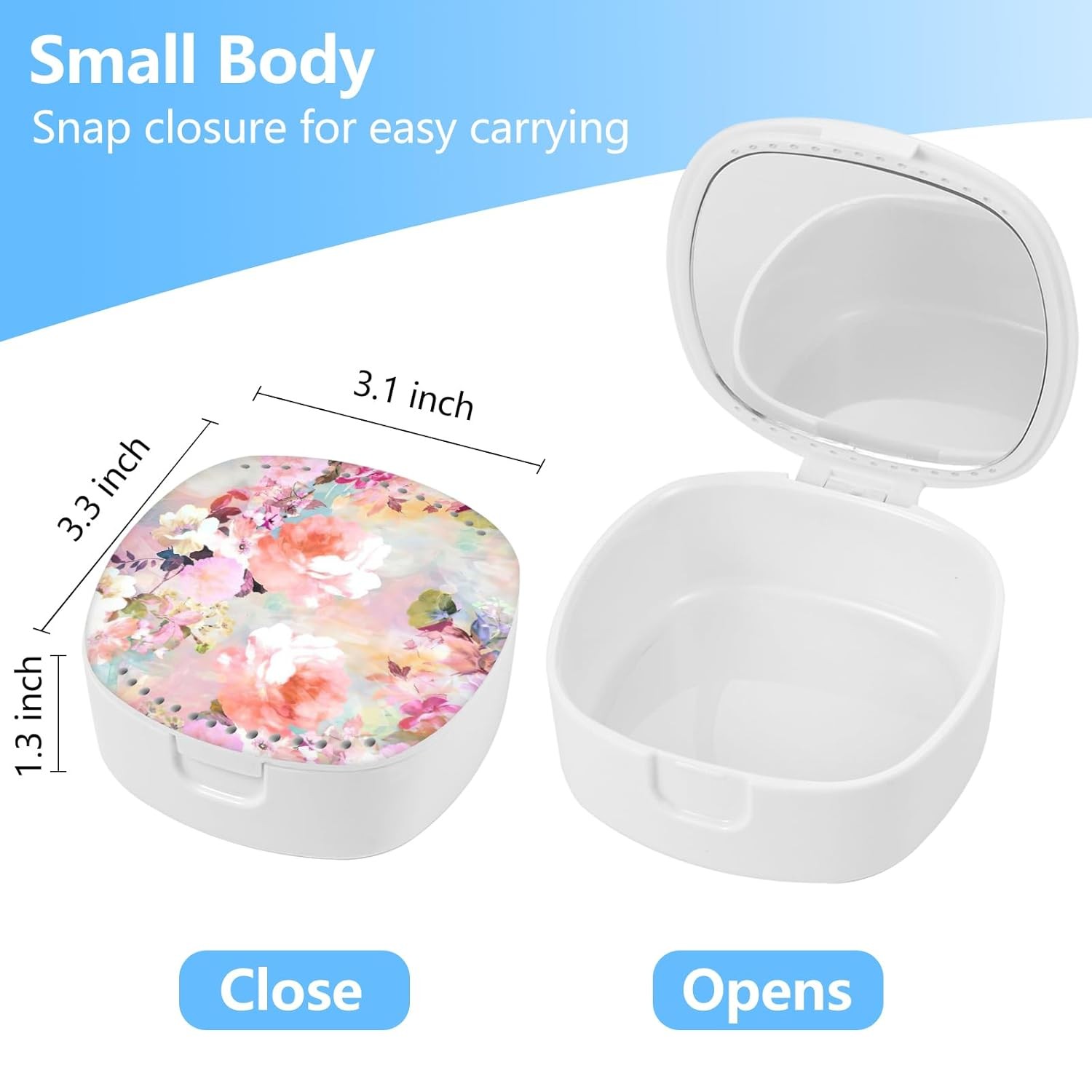 Retainer Case, Denture Case Night Guard Mouth With Mirror Pink Flower