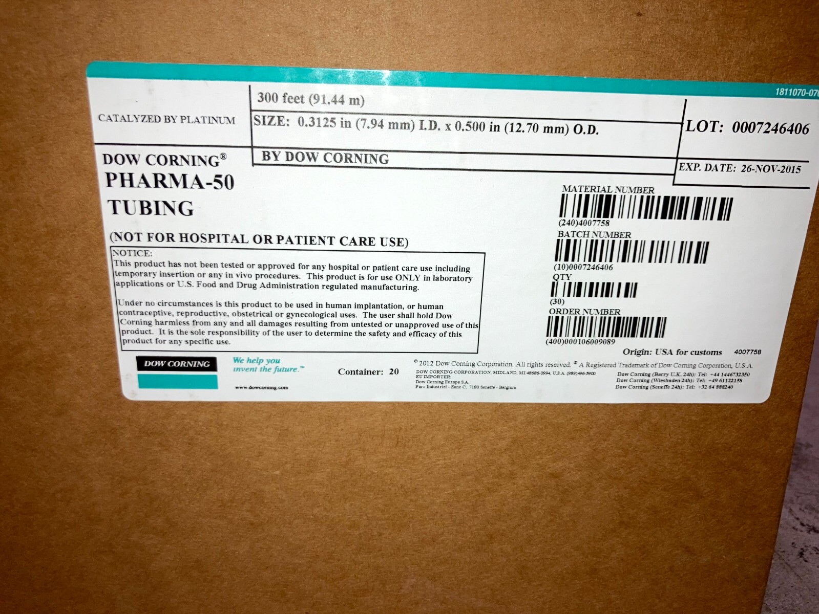 Dow Corning Pharma-50 Silicone Tubing 300ft 5/16″(0.3125″) ID 1/2″(0.500″) OD