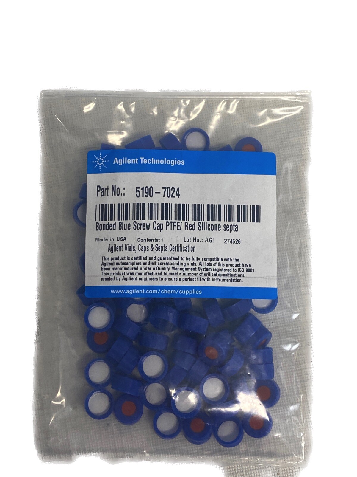 (100) AGILENT Bonded Blue Screw Caps PP 9-425 PTFE Red Silicone Septa 5190-7024