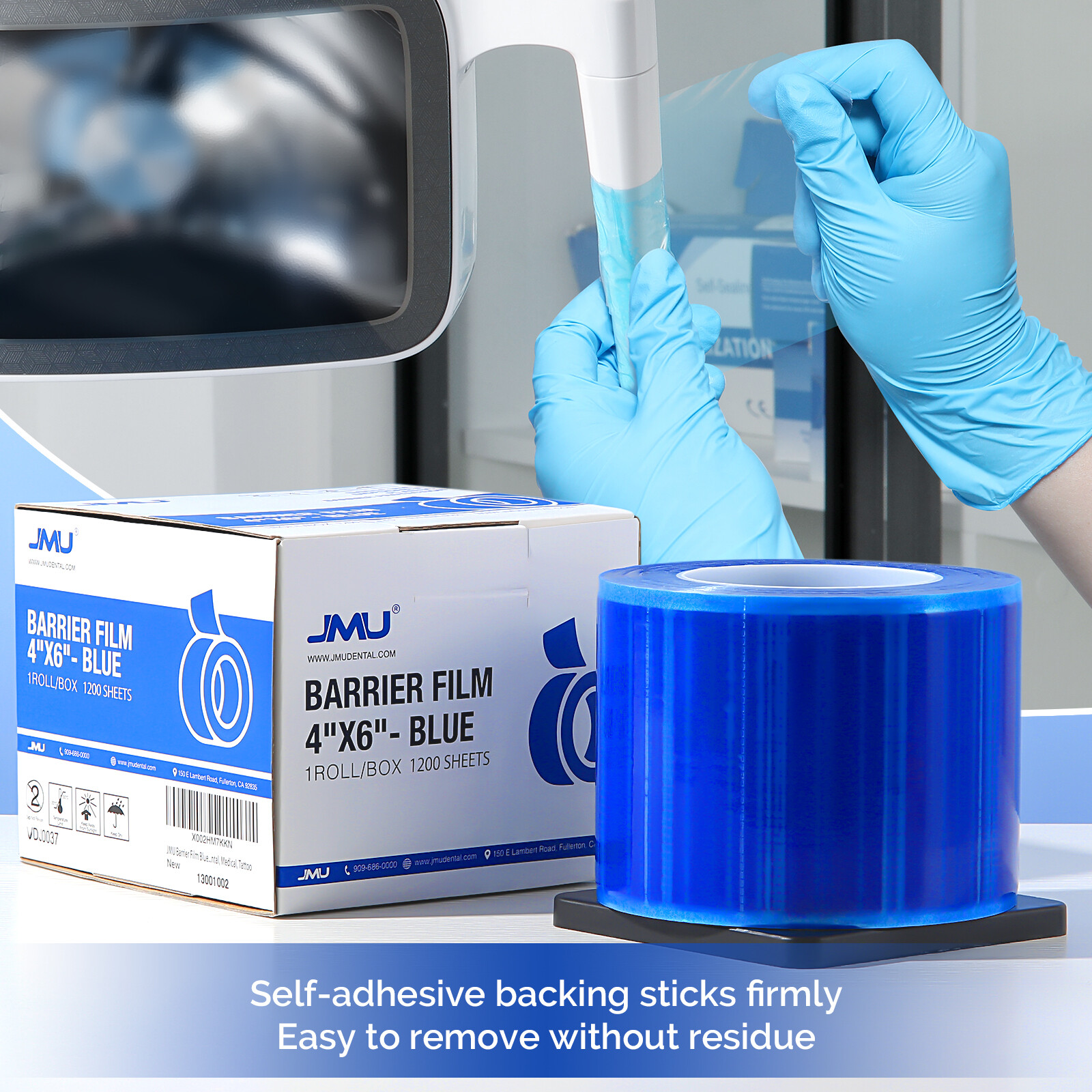 JMU Dental Barrier Film Roll Tape Adhesive 1200 Sheets Size 4″ x 6″ Blue