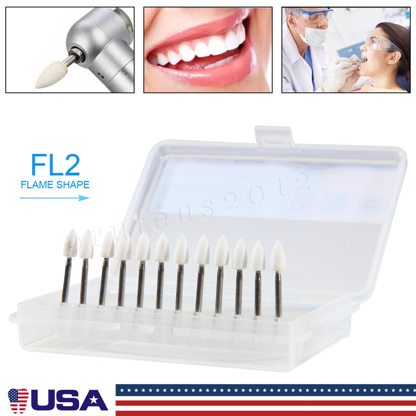 Dental Flame Mounted White Stone Polishing Burs FG Abrasion Point Burs USA