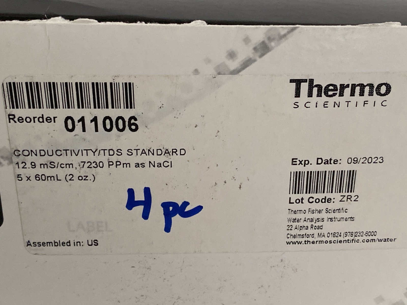 NOS (4) THERMO ORION Conductivity TDS Standard Solution 4x60mL 12.9mS/cm 011006