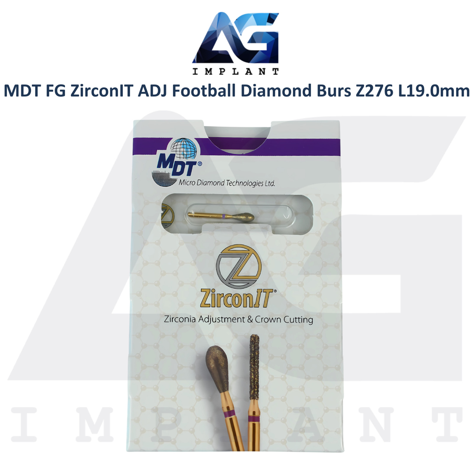 MDT Dental FG ZirconIT ADJ Football Diamond Bur Z276 L19.0mm Ø3.1mmX6.2mm