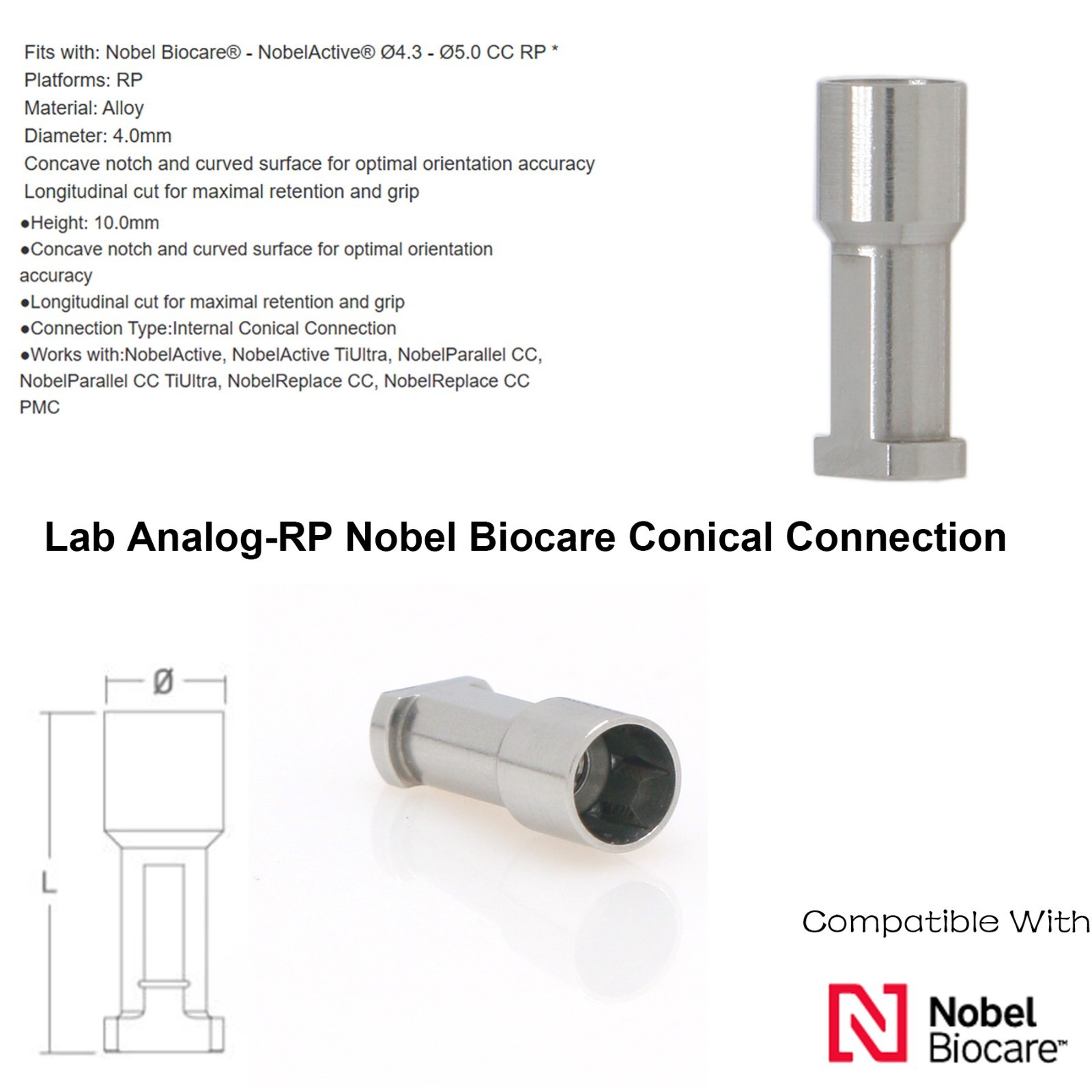 US Dental Lab Analog Abutment Nobel Active RP 4.3 compatible Regular Replica