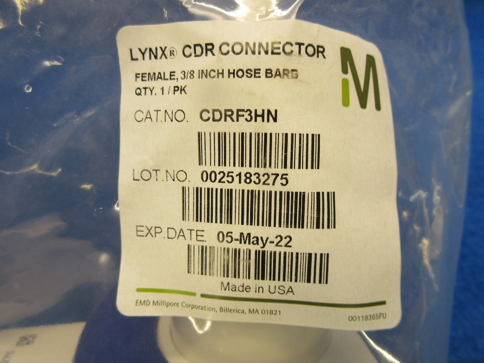 MILLIPORE Lynx CDR CDRF3HN, Female, 3/8″ hose barb, EXP May 2022