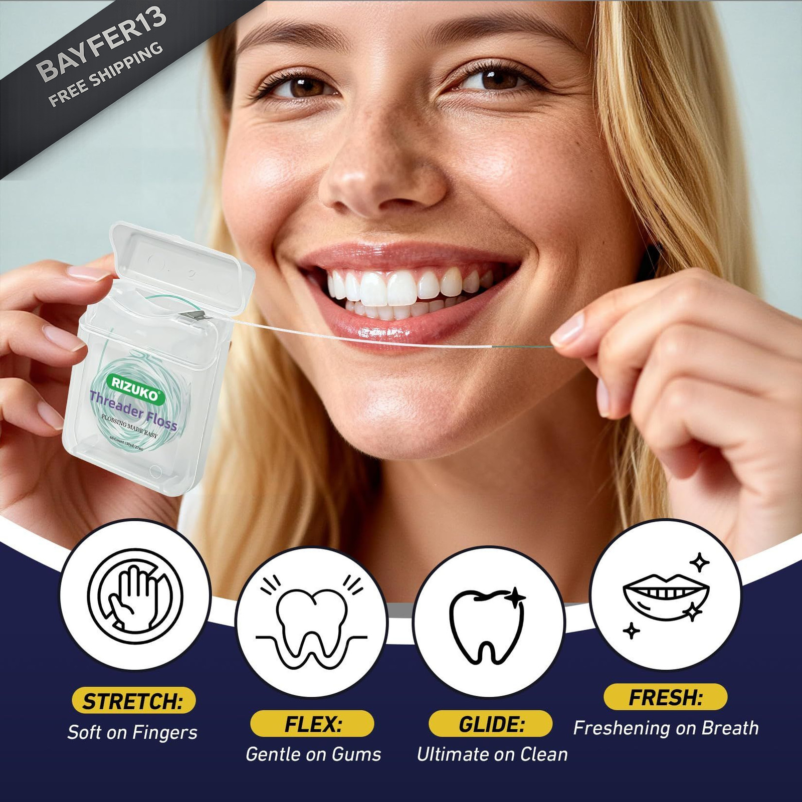 Threader Floss,2-in-1 Dental Floss for 65 Count(Pack of 2), Green+white
