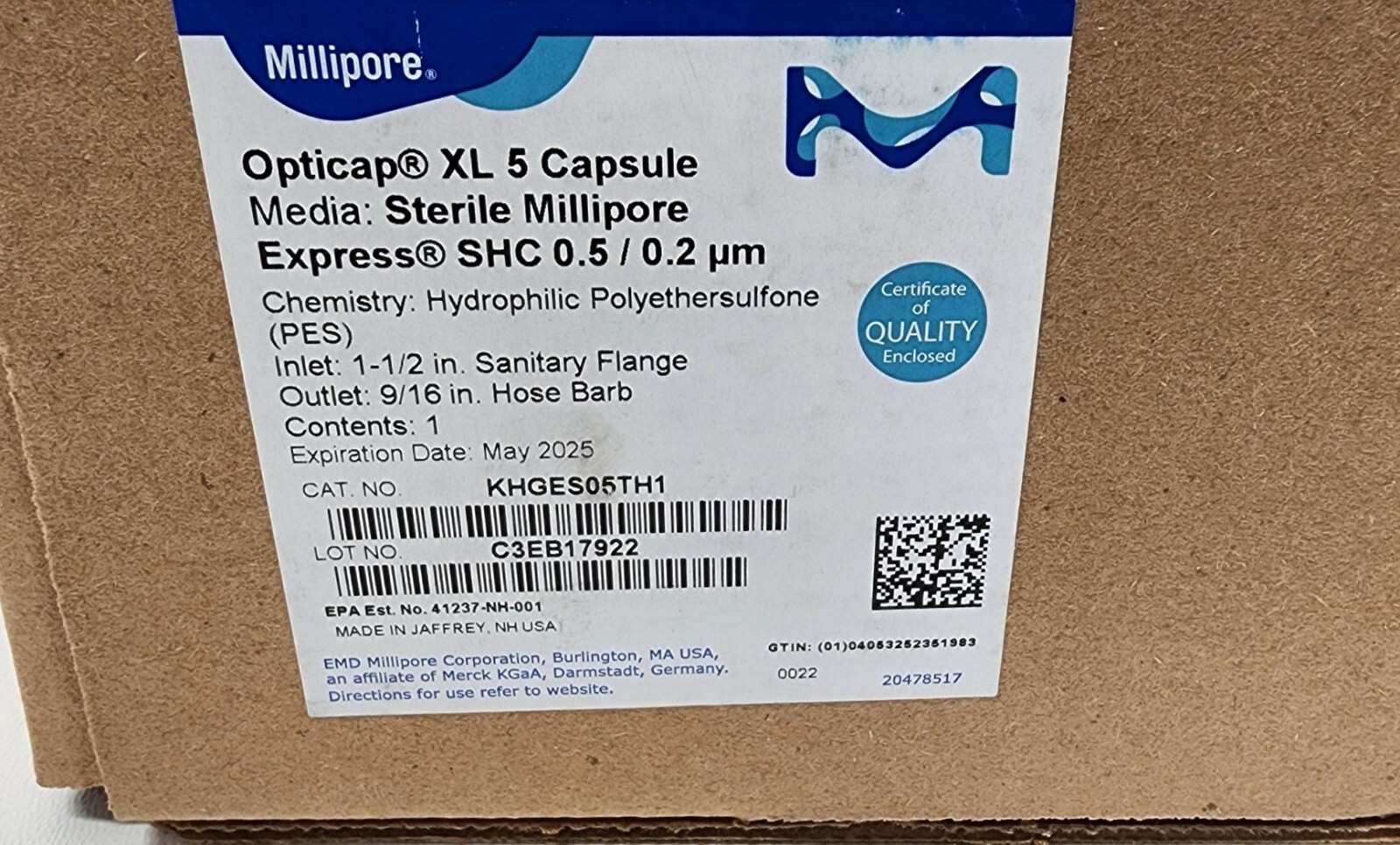 Millipore KHGES05TH1 Opticap XL 5 Capsule Express SHC 0.5/0.2µm Sterile