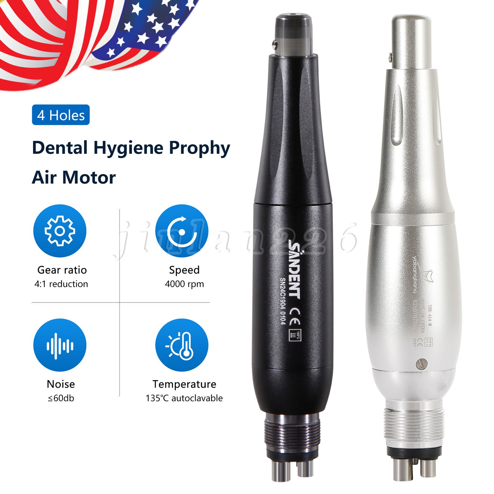 Dental Hygiene Prophy Air Motor Handpiece Kit 3 Nose Cones 360° Swivel 4 Holes