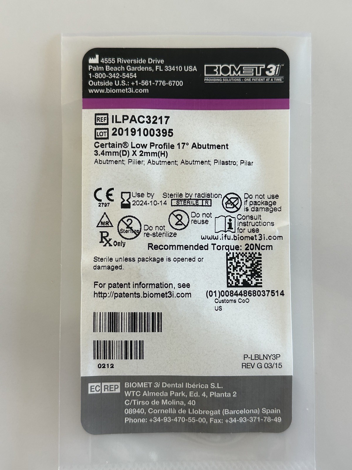 BioMET 3i Certain Low Profile 17° Abutment 3.4mm(D) X 2mm(H)