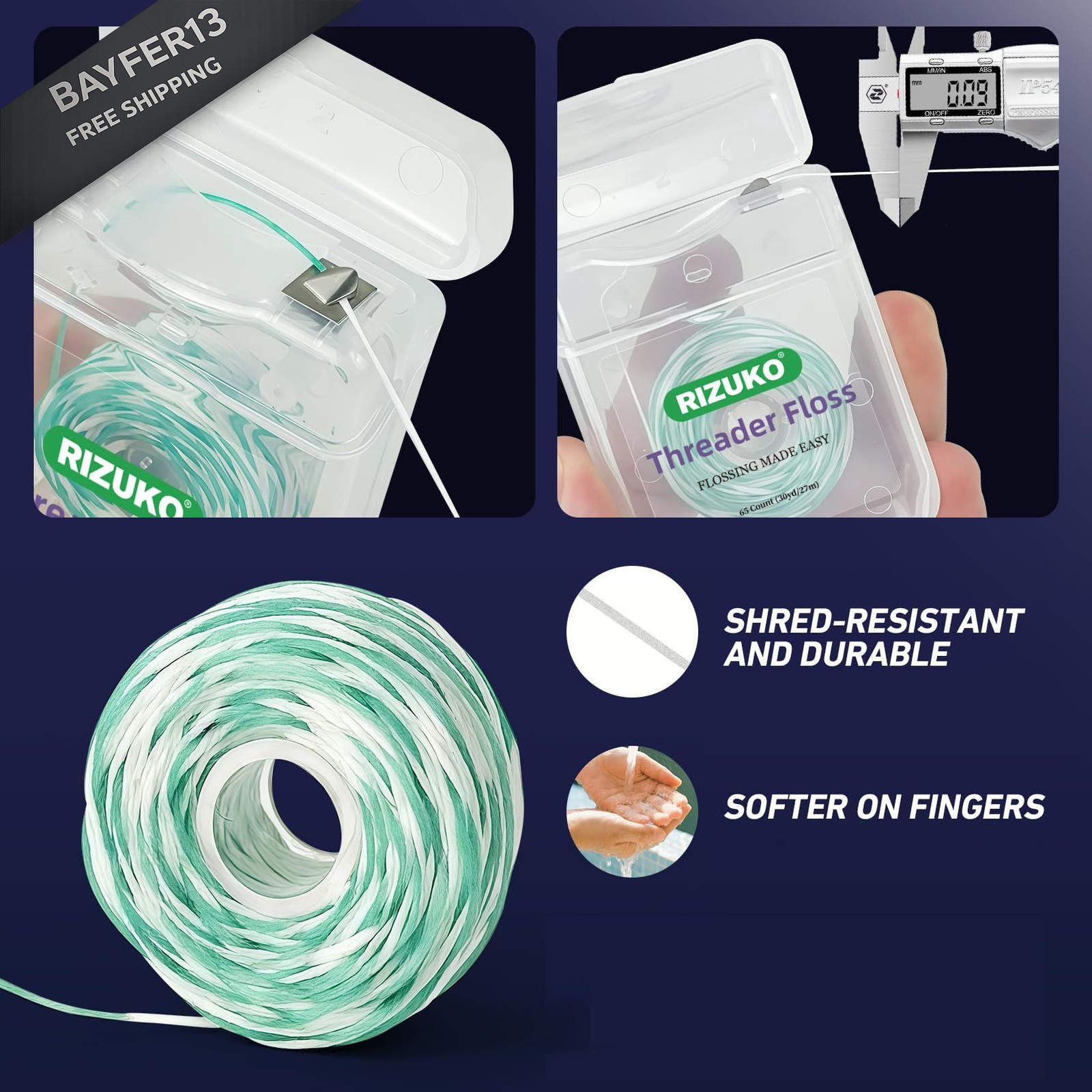 Threader Floss,2-in-1 Dental Floss for 65 Count(Pack of 2), Green+white