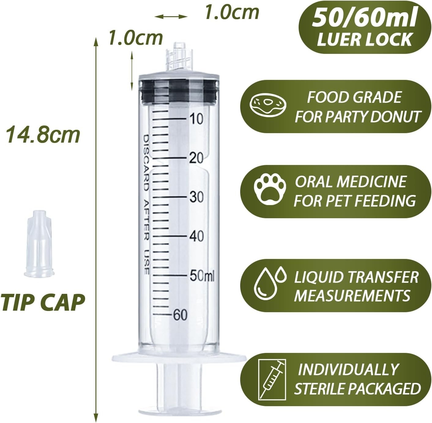 60mL Luer Lock Syringe 4 Pack Large Plastic Sterile Syringes without Needle,…