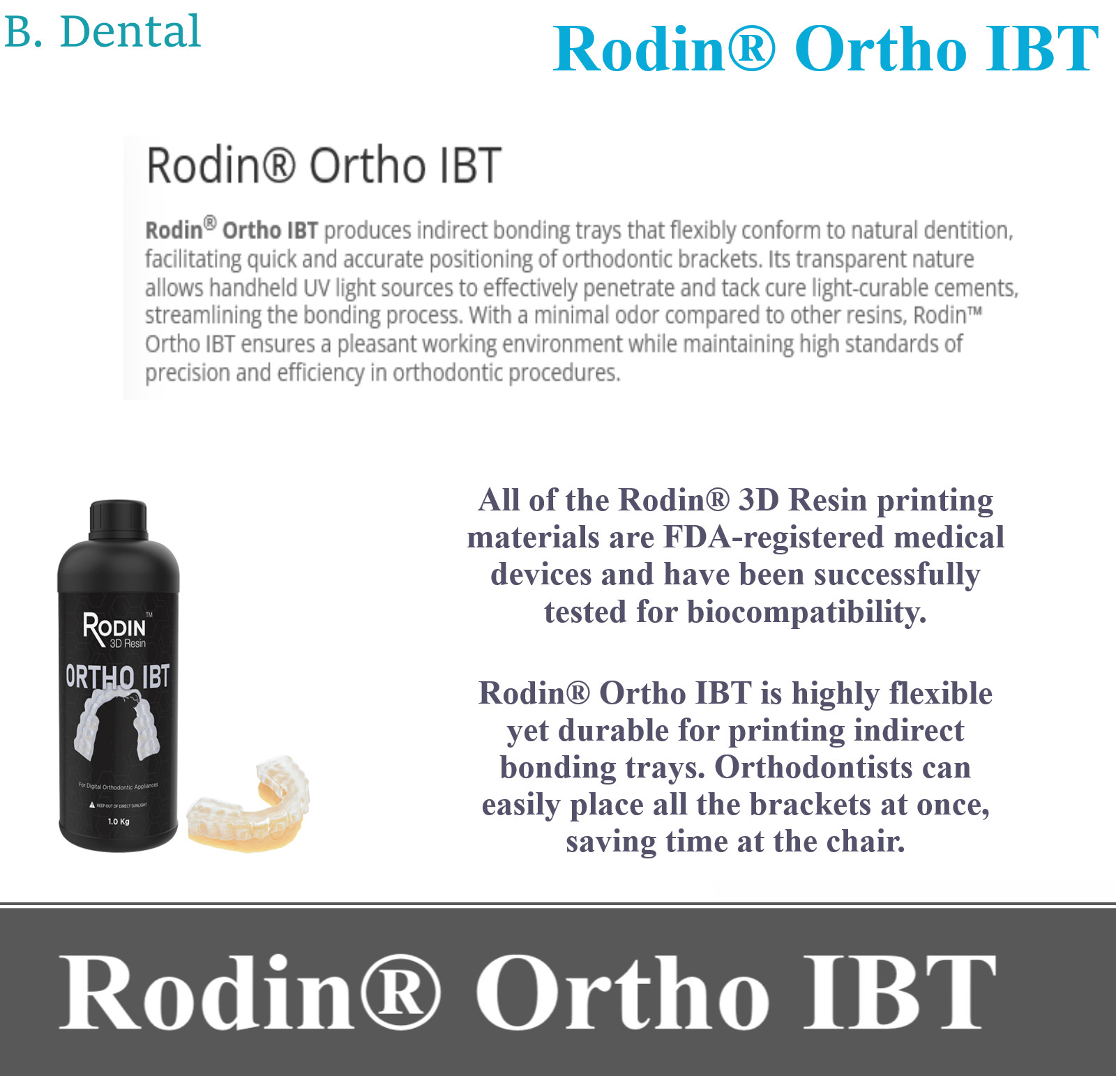 Dental Printing Material 3D Resin, Rodin Ortho IBT Indirect Bonding Tray, 1kg