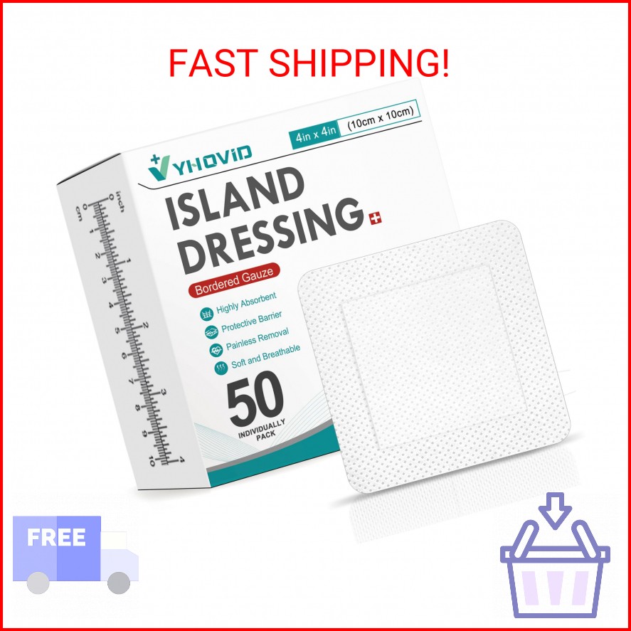 50 Count Island Dressing Bordered Gauze 4″ x 4″, Gauze Pads Individually Wrapped