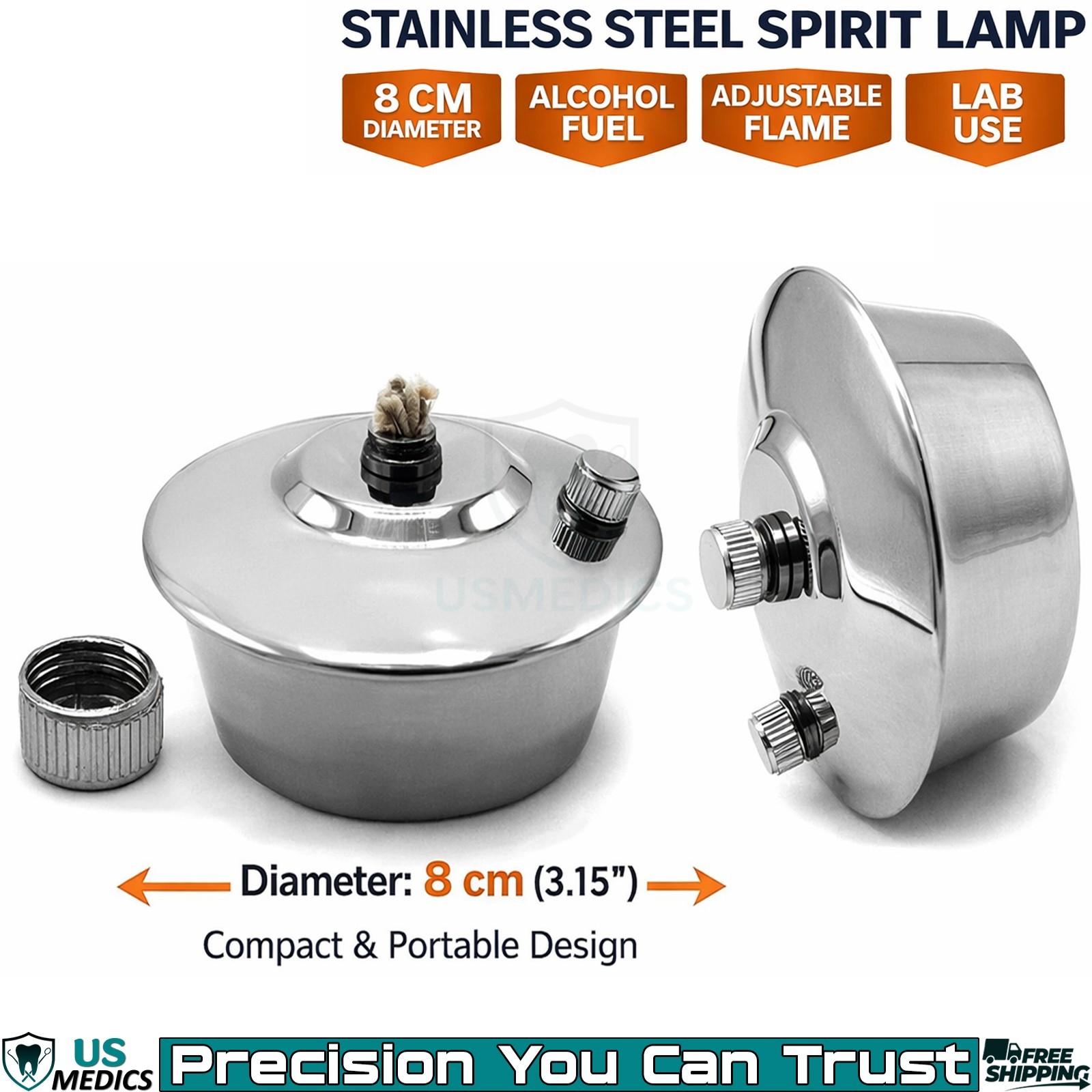 Stainless Steel Spirit Lamp Alcohol Burner 8cm Lab Heating Bunsen Flame Tool New