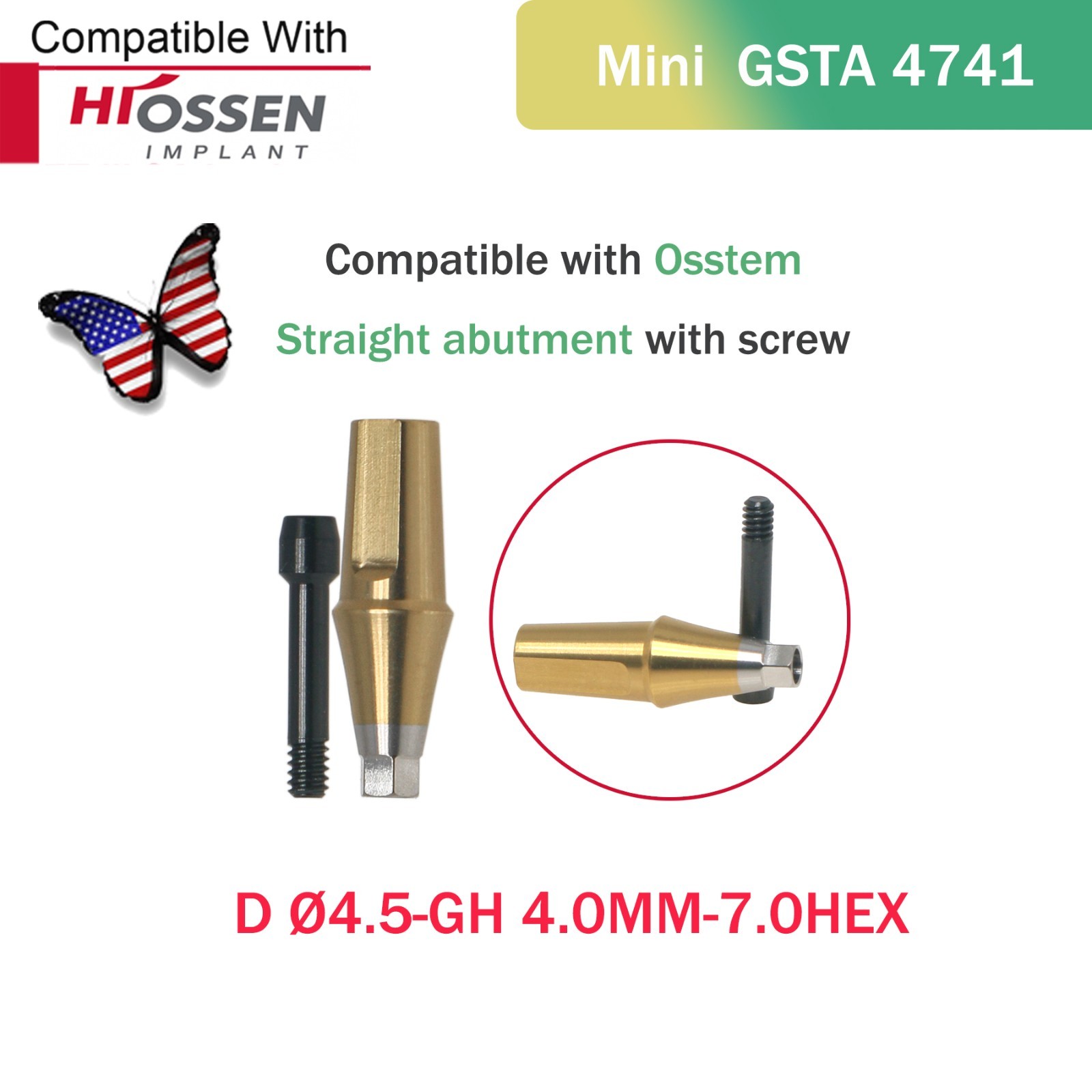 US Mini Internal Hex Straight Transfer Abutment Fits Hiossen ET/Osstem TS D Ø4.5