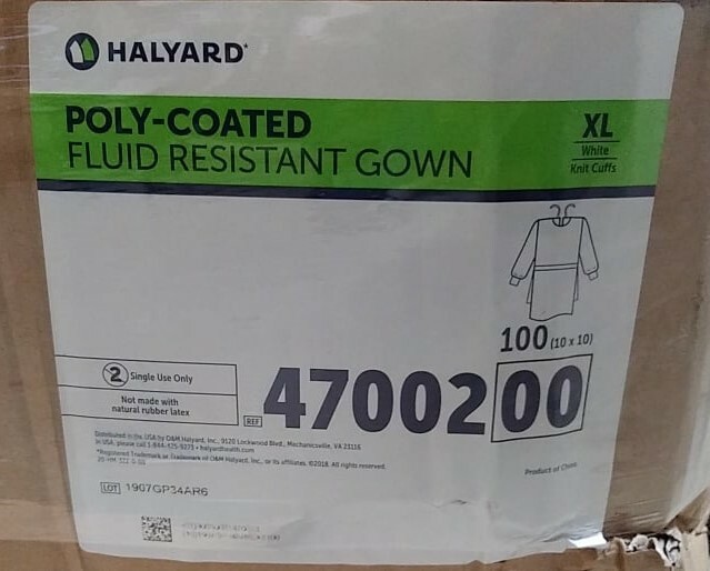 (MultiPack) Halyard Poly-Coated Fluid Resistant Gown, Knit Cuff, XL White, 47002