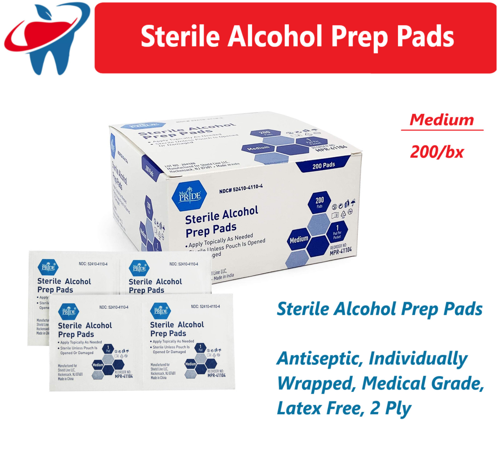 Sterile Alcohol Prep Pads, Antiseptic, Individually Wrap, Medical, Medium, 200Bx