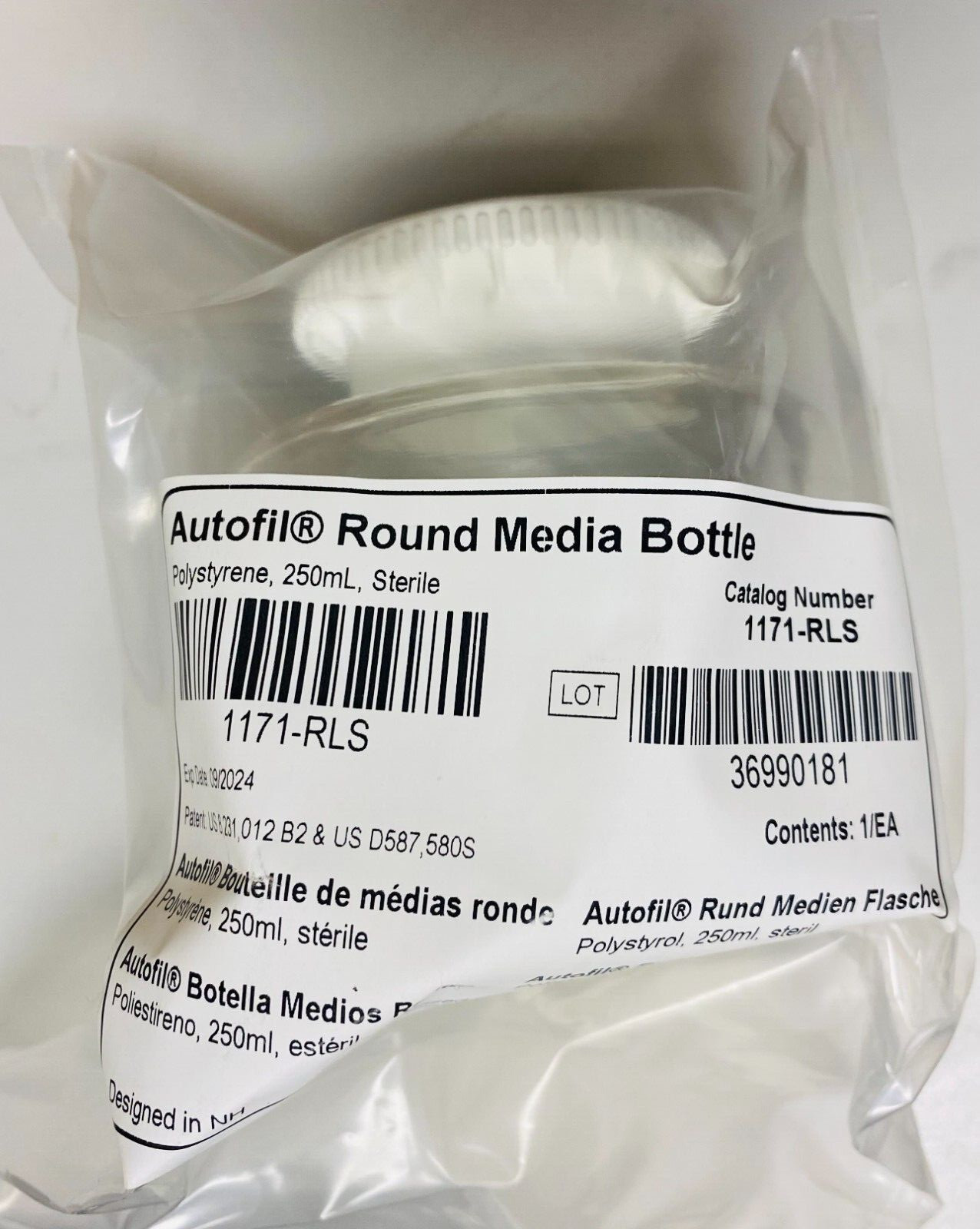 1 PC Autofil Round Media Bottle-Sterile 250mL 1171-RLS , Expiration 9/2024