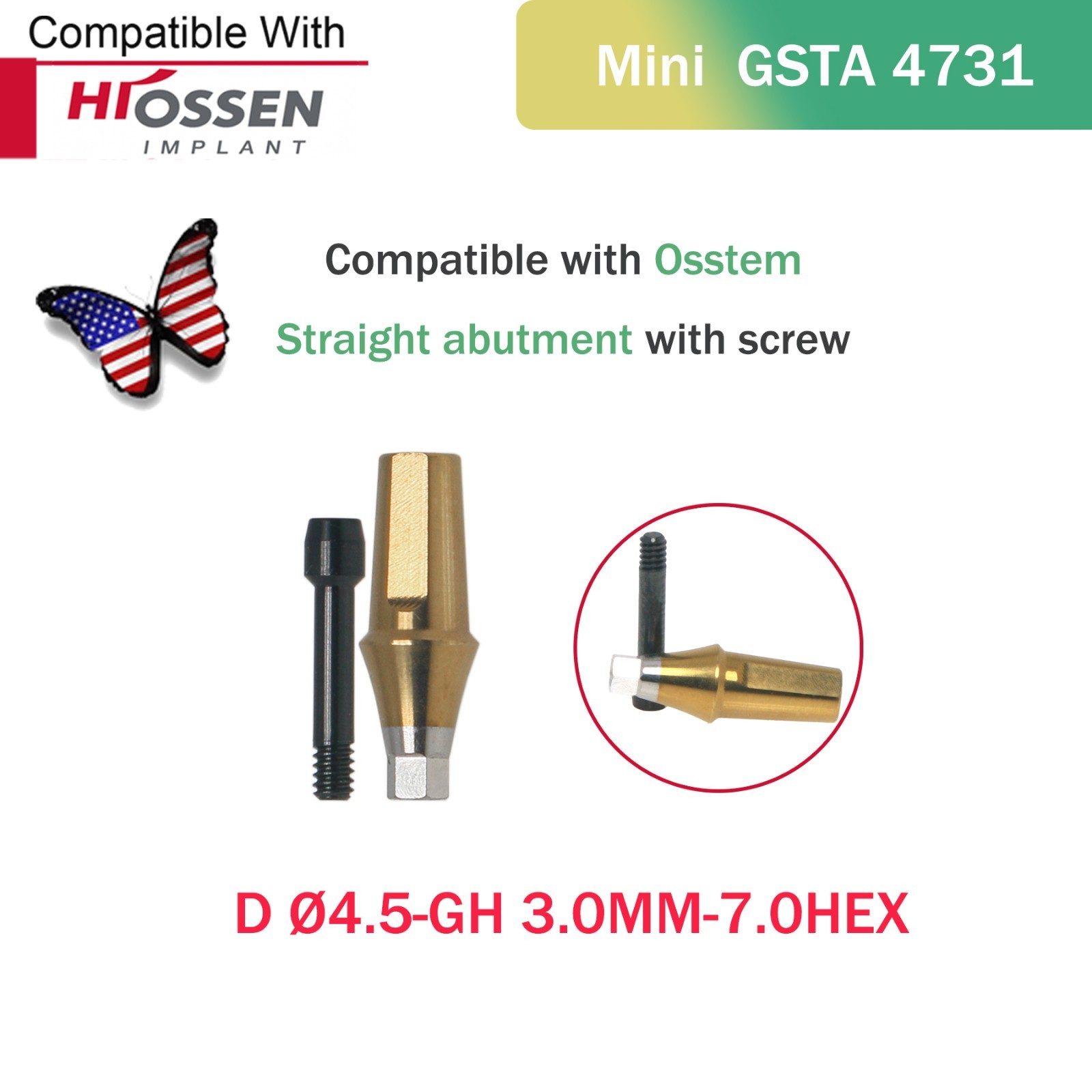 US Mini Internal Hex Straight Transfer Abutment Fits Hiossen ET/Osstem TS D Ø4.5