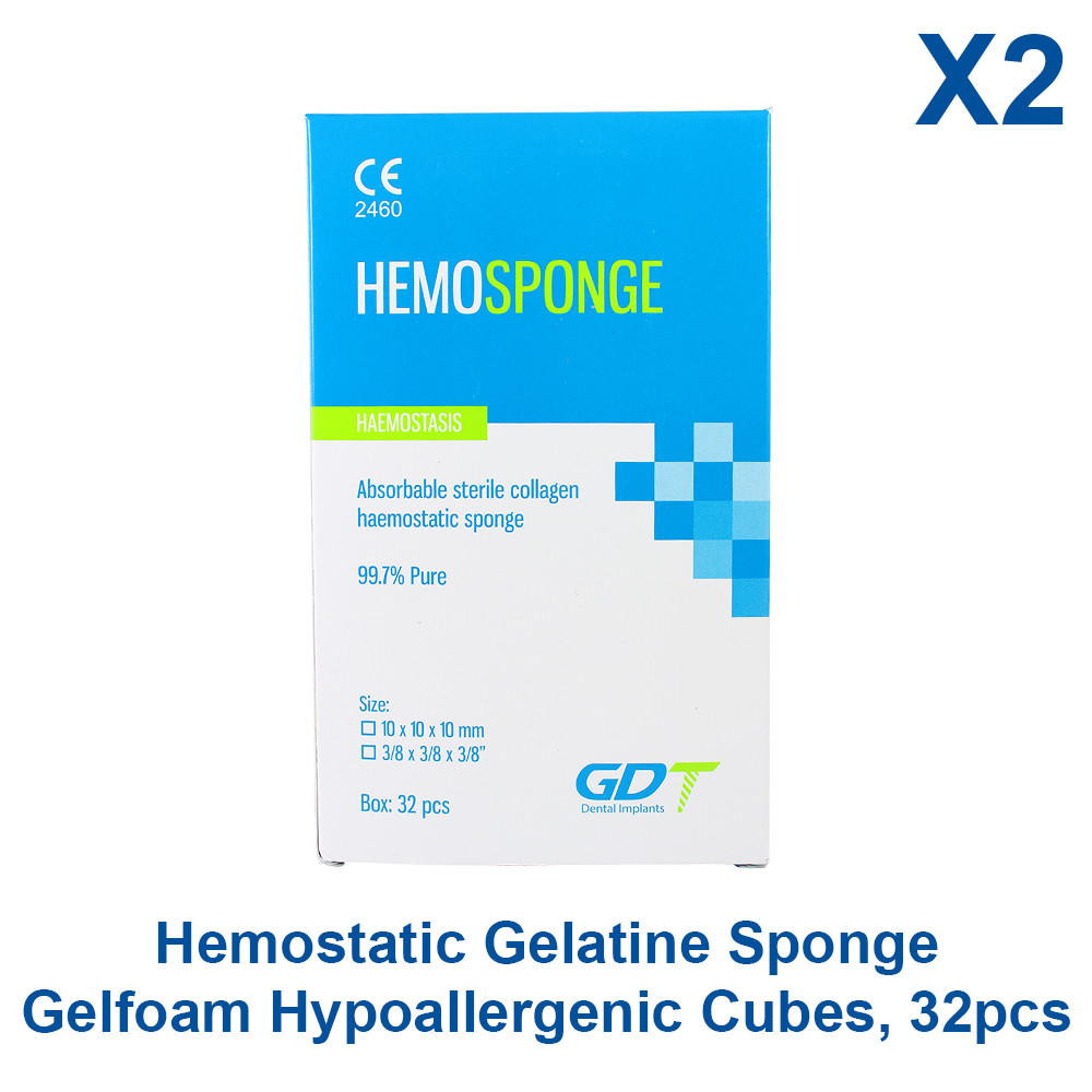 2x Dental Hemostatic Gelatine Sponge Gelfoam Hypoallergenic Cubes, 2x32pcs