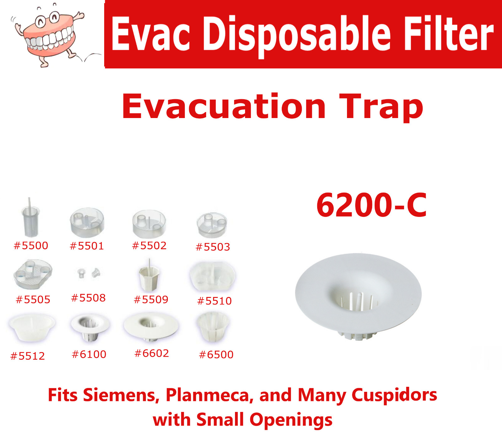 Dental Evacuation Trap Fits Siemens, Planmeca & Cuspidors with Small Diam #6200