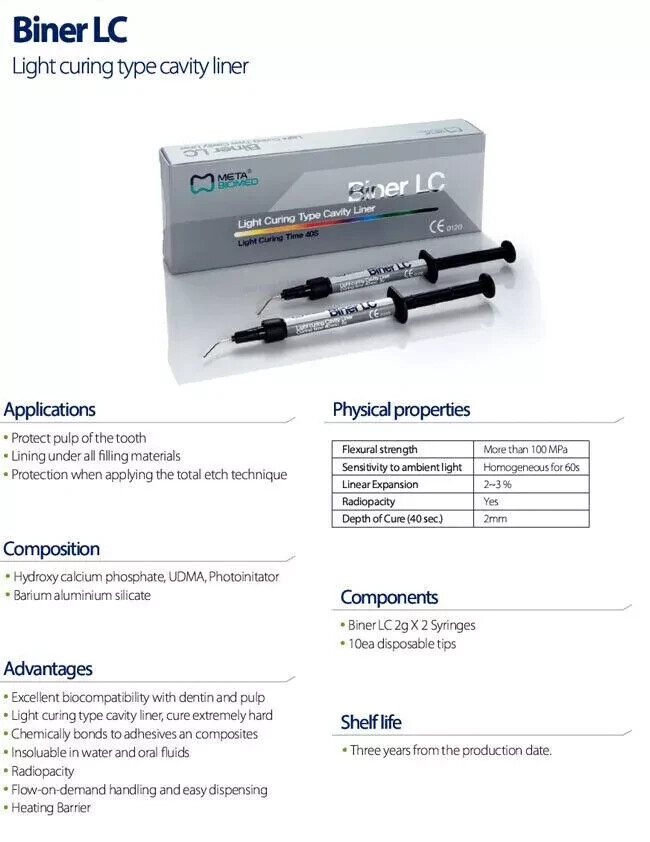 Dental BINER LC Light Curing Type Cavity Liner 2 x 2gm Syringe Pack by META