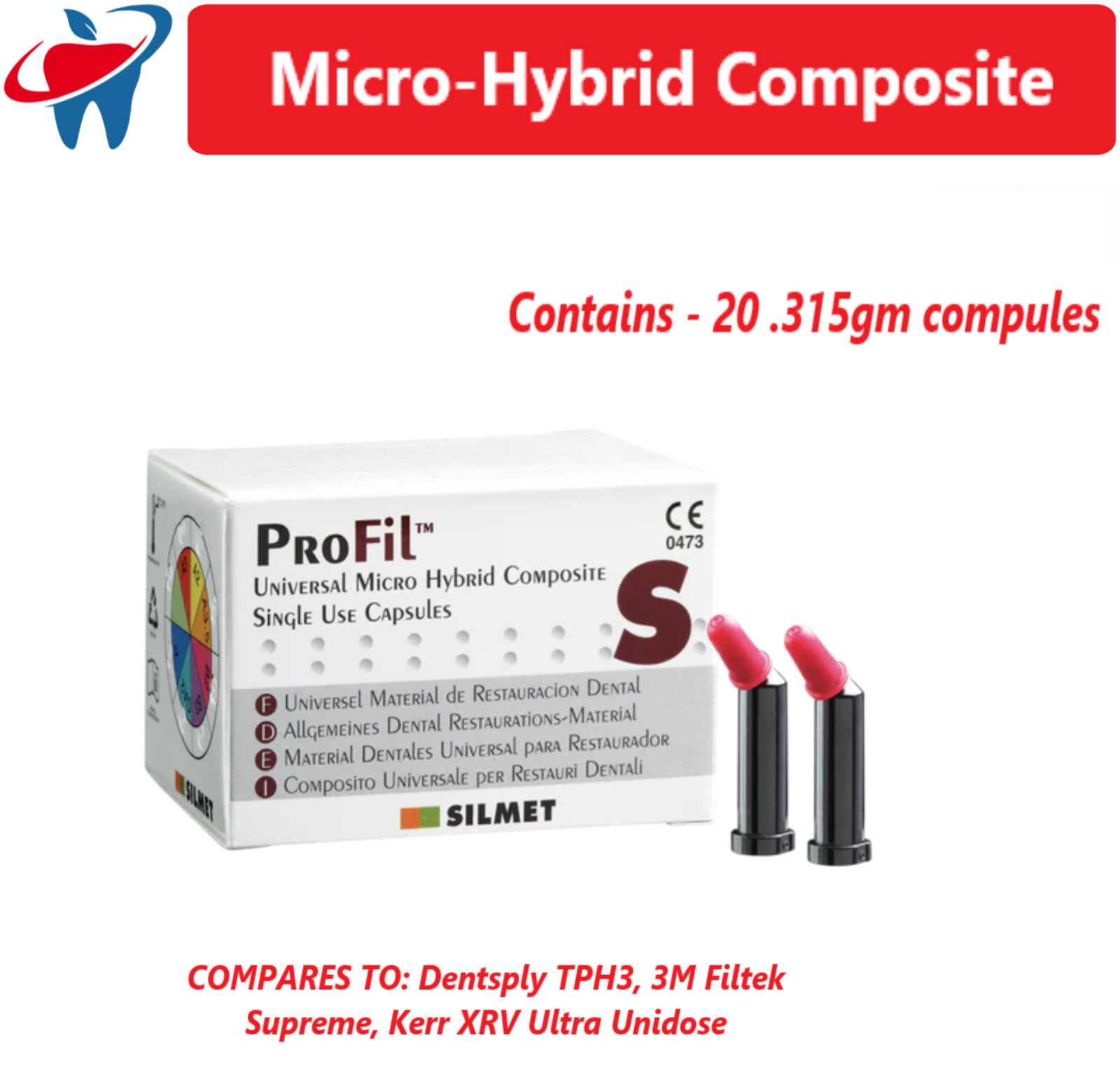 Silmet ProFil Dental Micro Hybrid Composite Compules Unidose All Shades Box/20