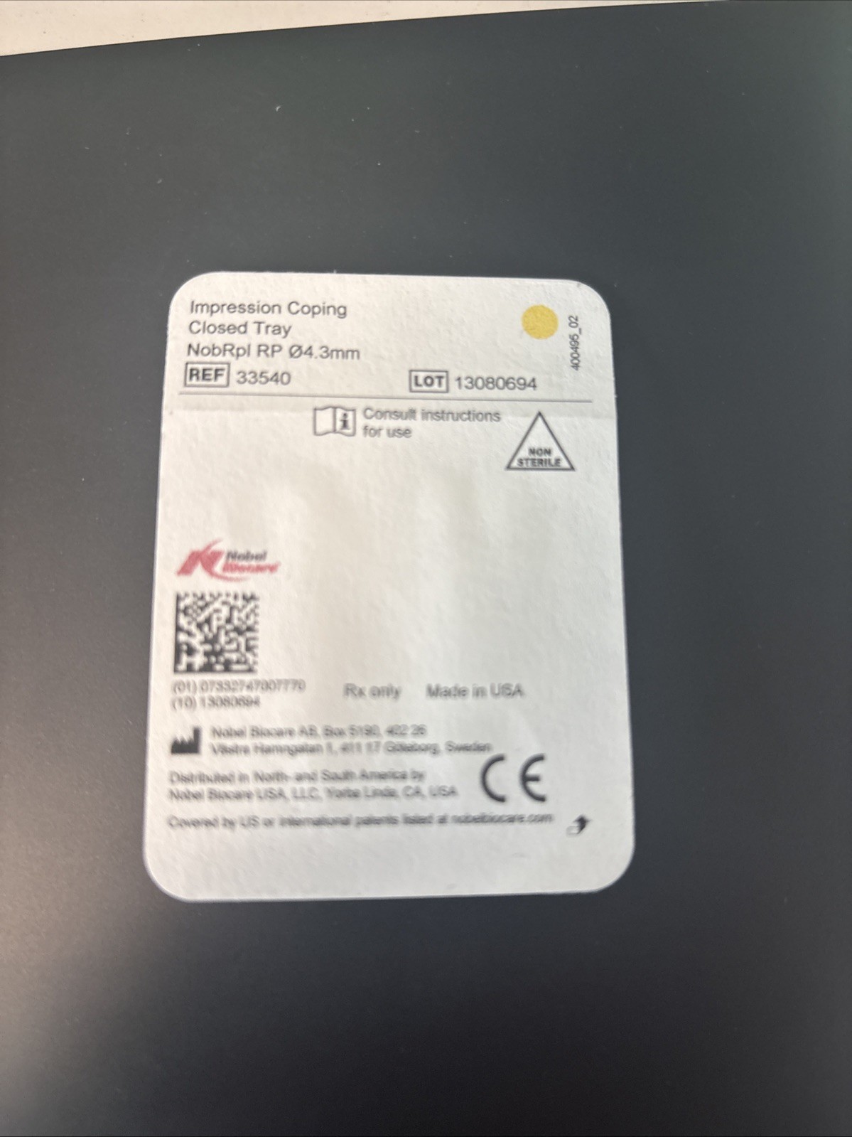 Nobel NobelReplace RP Impression Coping Closed Tray yellow 4.3 Ref#33540