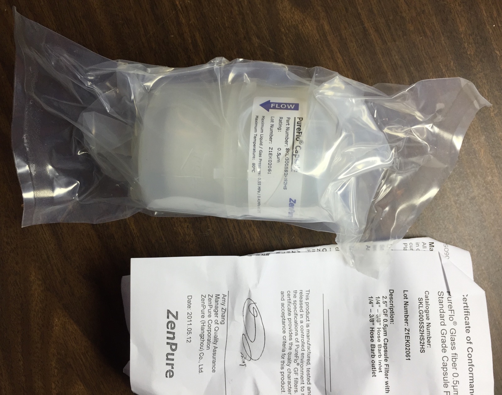 ZenPure PureFlo Capsule Filter, 2.5”, Glass Fiber, 0.5 µm, Barbed SKLG005S2HS2HS