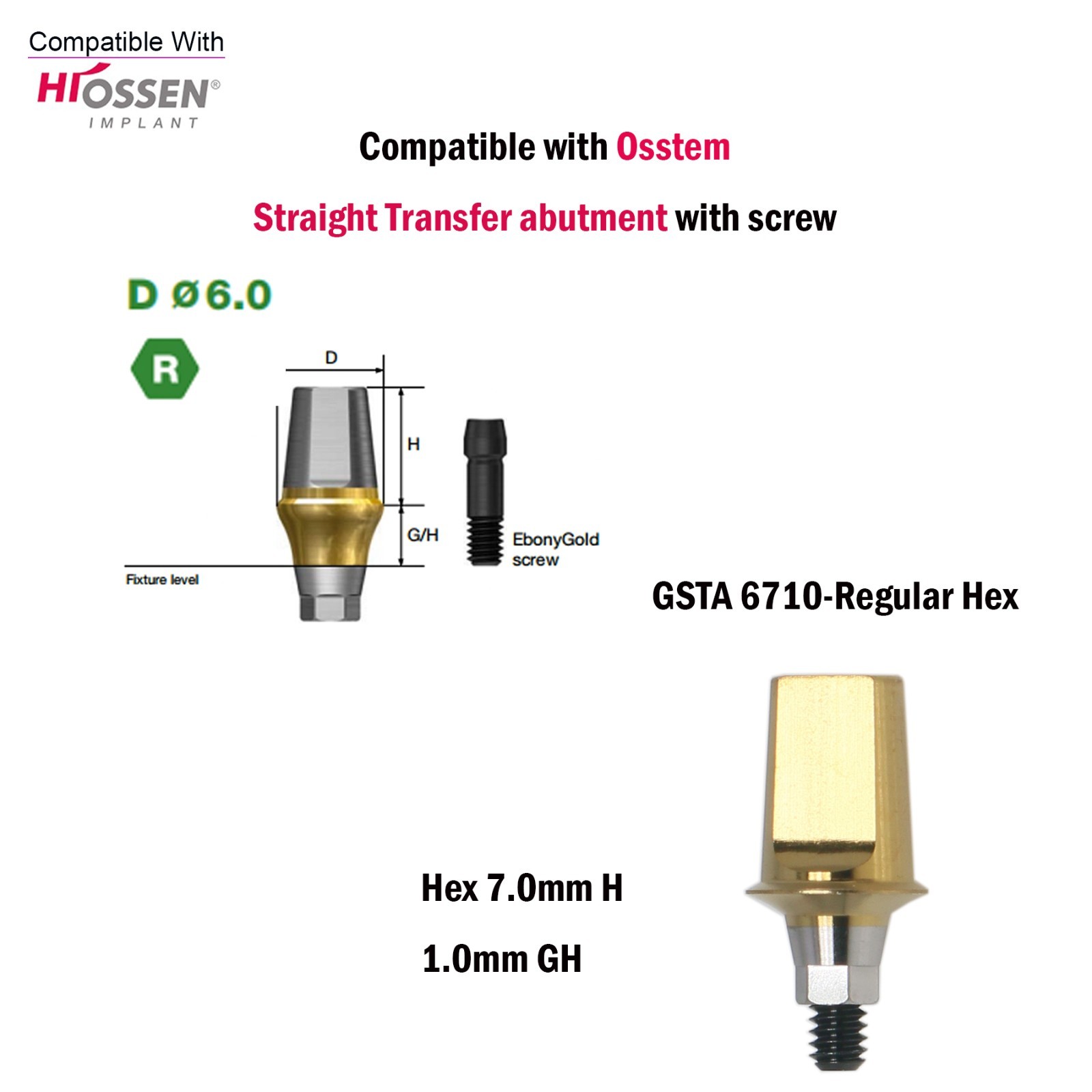 US Dental Straight Transfer Abutment Regular Ø6.0mm 1-6mm GH For Hiossen Osstem