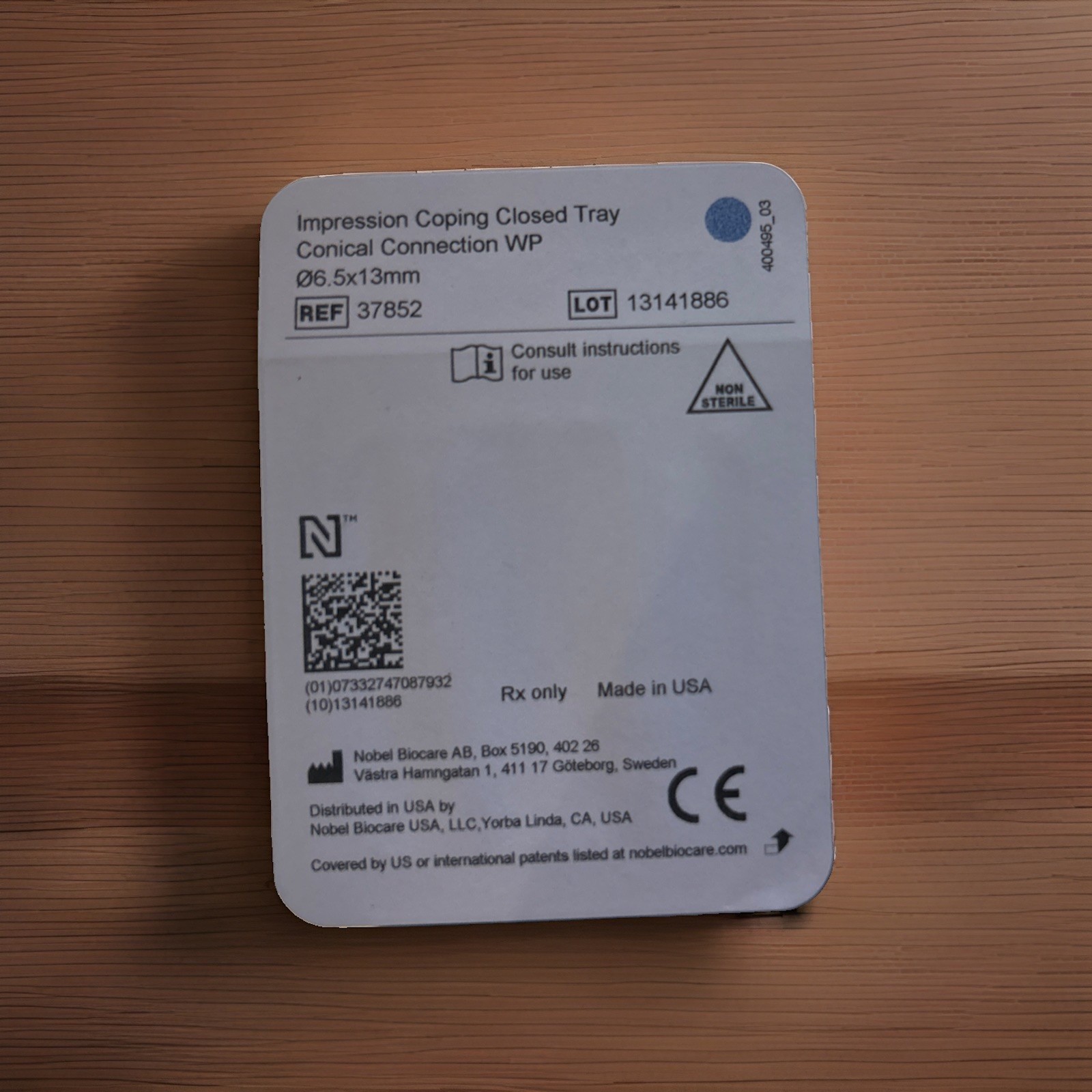 Nobel Biocare WP Conical Connection Impression Coping Closed Tray 6.5 X 13MM