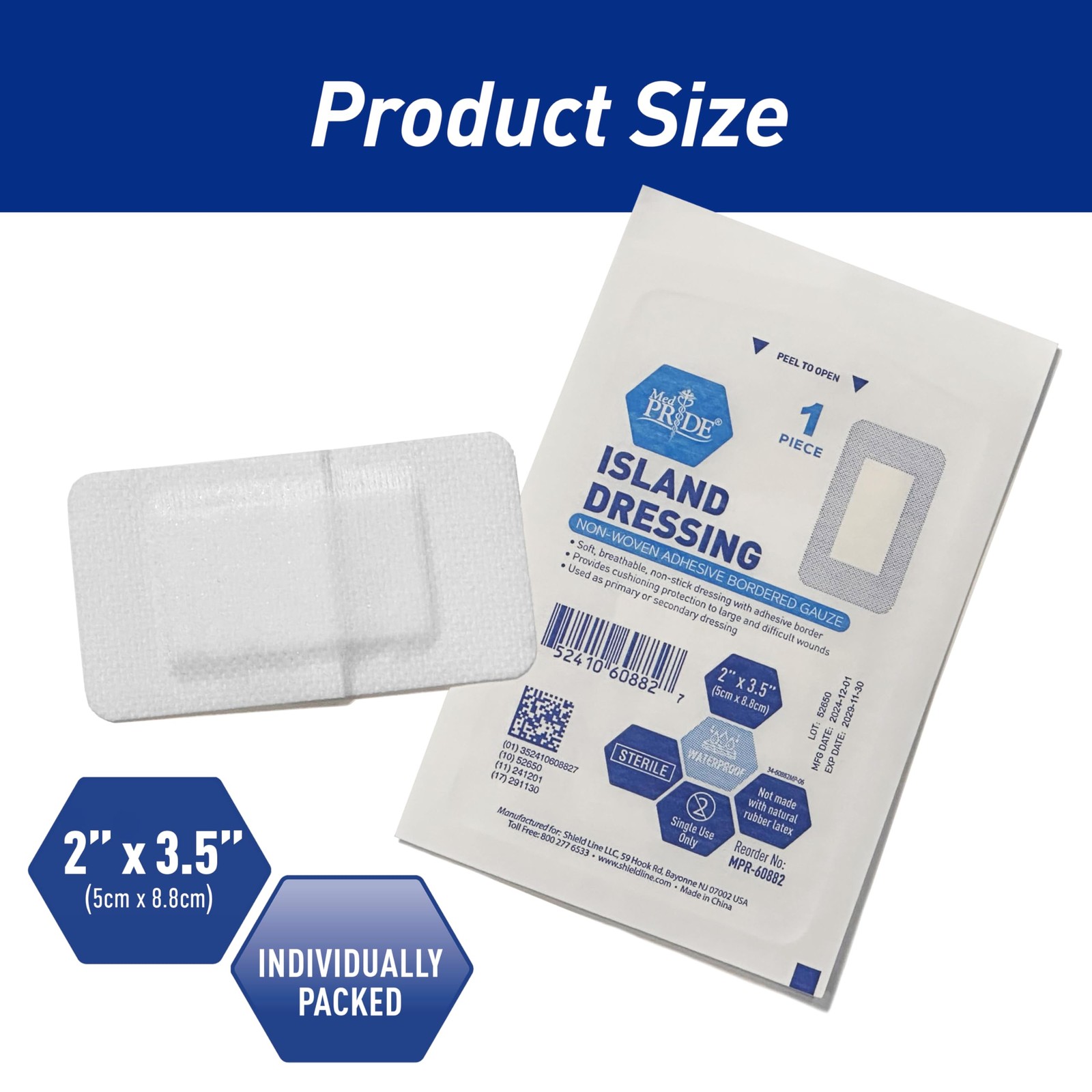 MED PRIDE Adhesive Island Dressing 2×3 in, Pack of 50 Sterile 2” x 3.5”