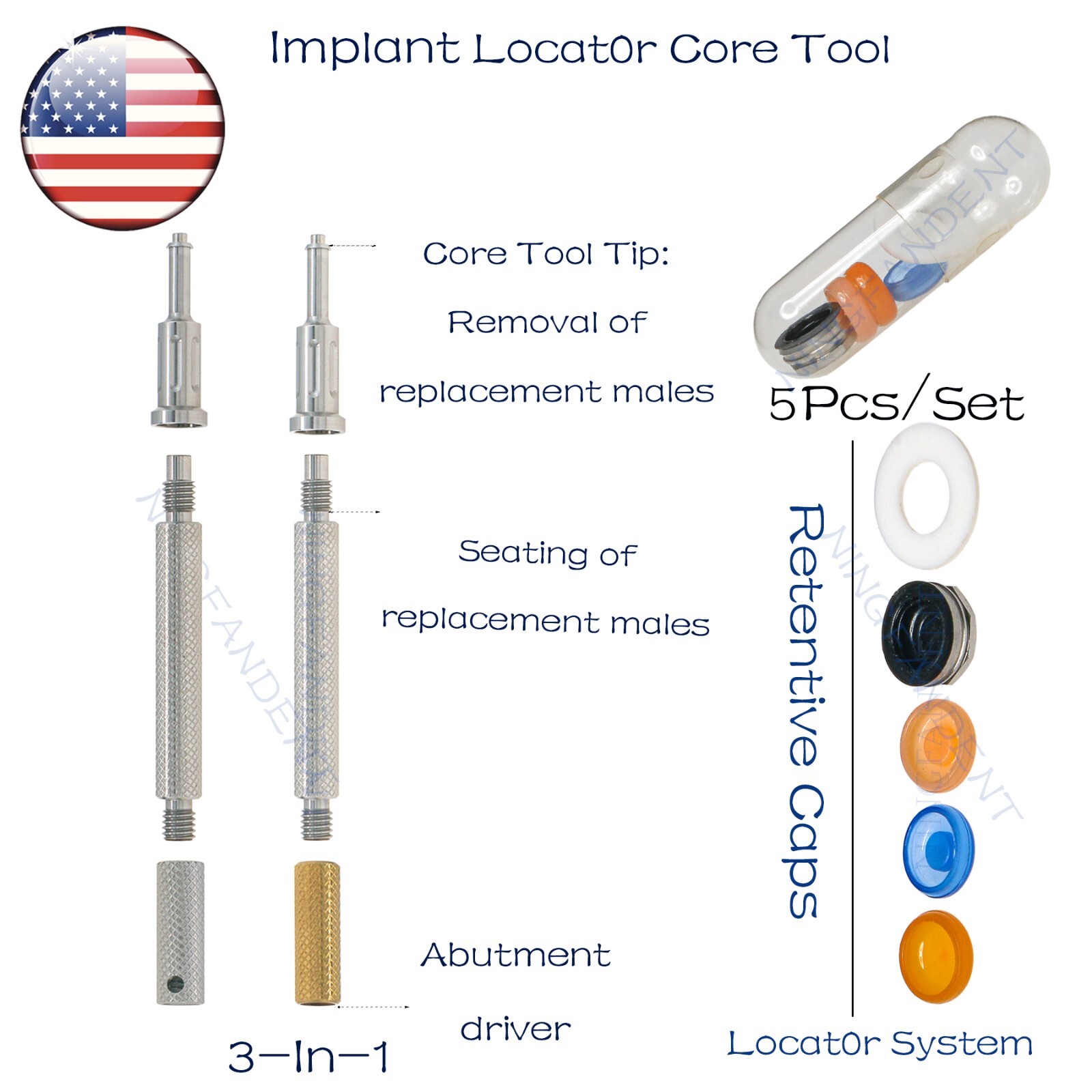 US Universal Dental Retention Caps Locator Insertion Extraction Remove Core Tool