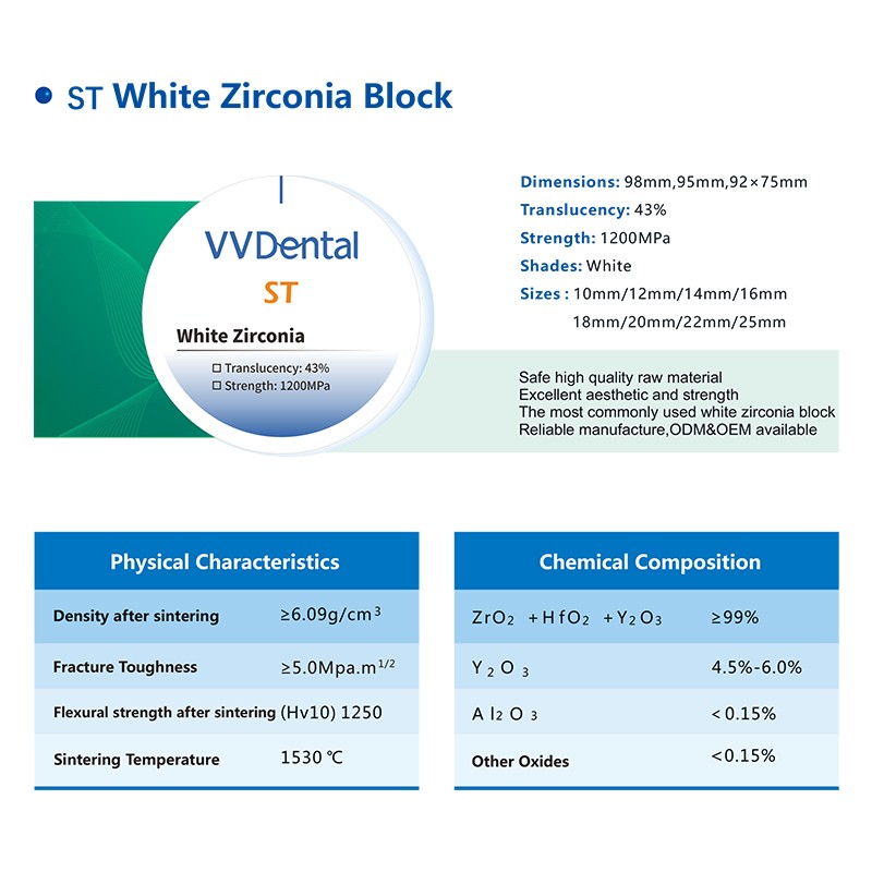 Dental ST Super Translucent White Zirconia 98mm CAD CAMDental Lab Materia