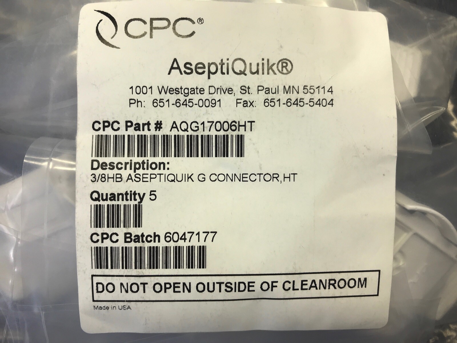 (5/Pack) CPC AseptiQuik G Connector Body 3/8” Hose Barb PC Non-Valved High Temp