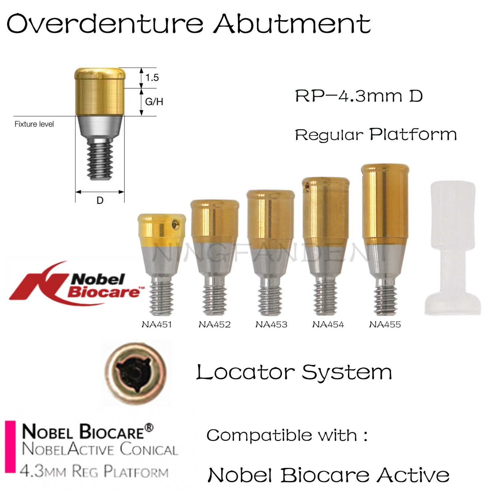 Locator Abutments Nobel Active RP 4.3mm (D) Height (1-5.0 mm) Implant Male Caps