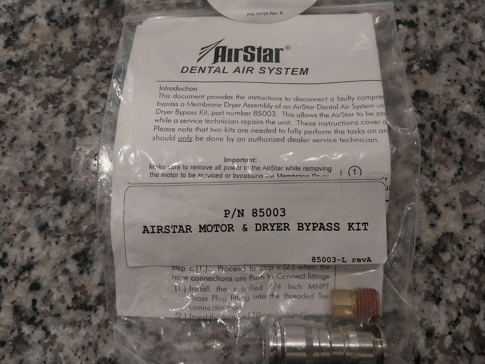 Air Star Dental Air System, Airstar Motor and Dryer Bypass Kit PN 85003