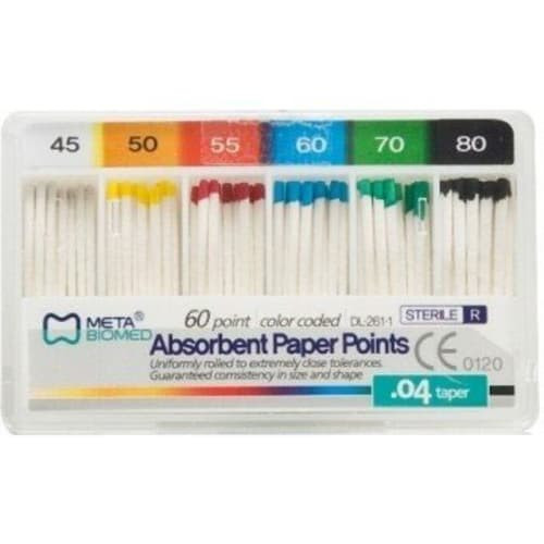 Meta Absorbent Paper Points #20, Taper 0.04, Color Coded, Spill-Proof
