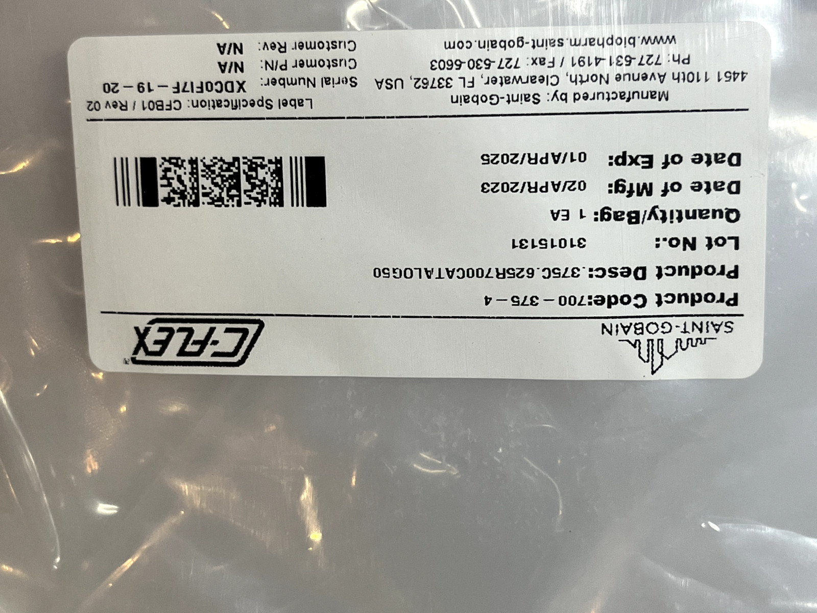 Saint Gobain C-Flex ULTRA Thermoplastic Tubing 700-375-4, 50ft, expire 04/2025