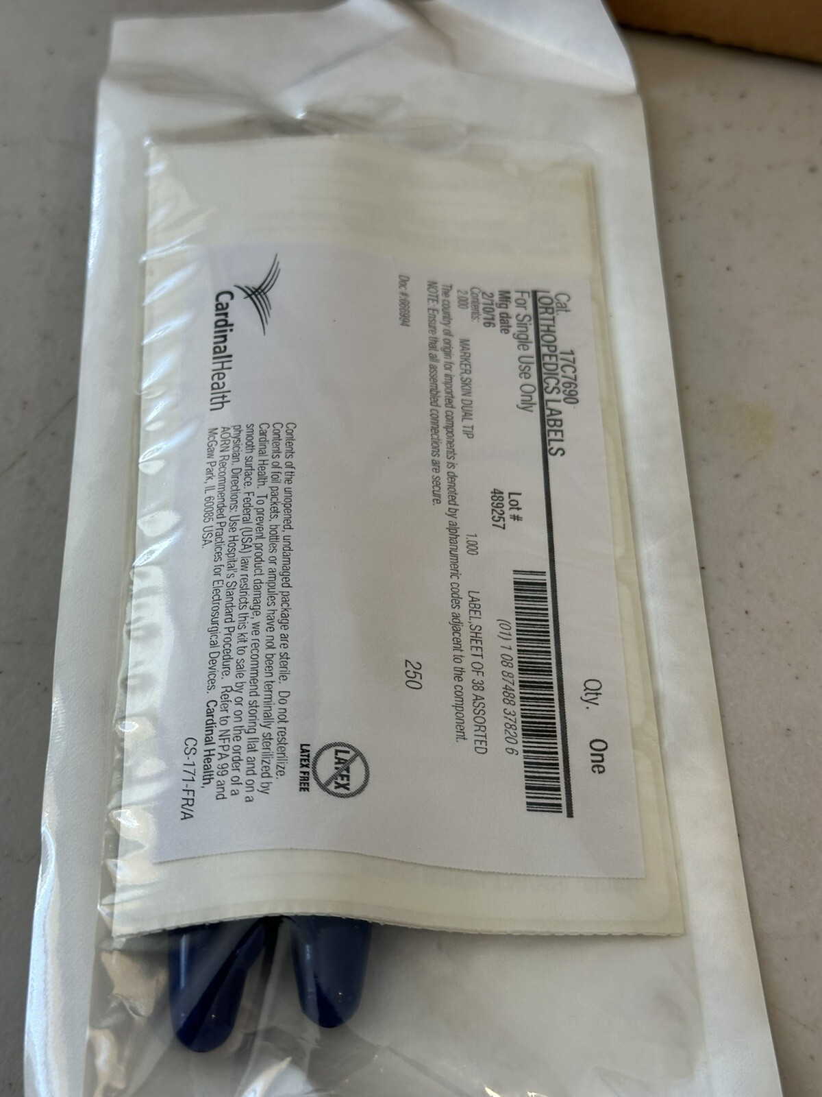 Full Case 50 Cardinal Health Orthopedics Labels Cat 17C7690 Sterile Single Use