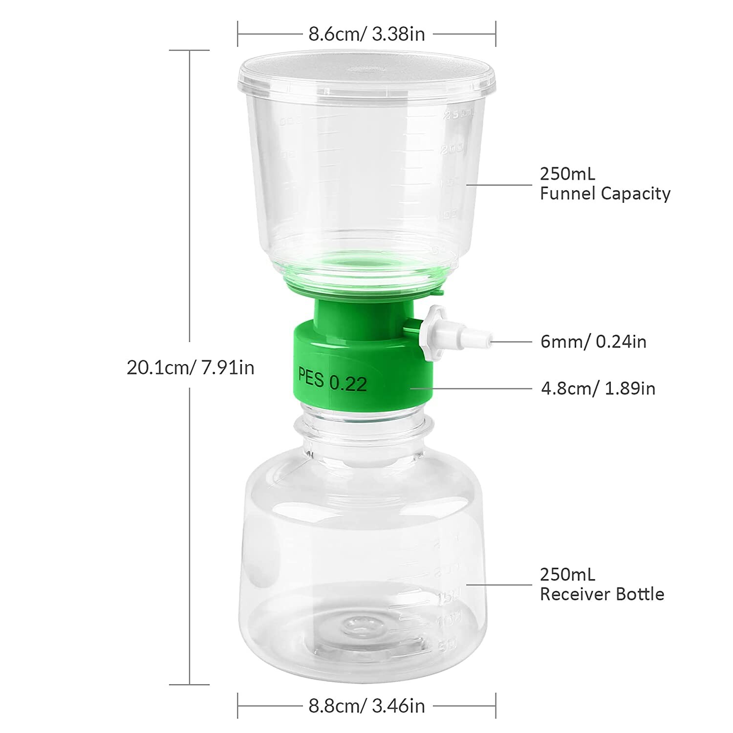 250mL Bottle Top Vacuum Filter Units 0.22um Pore Size PES Membrane