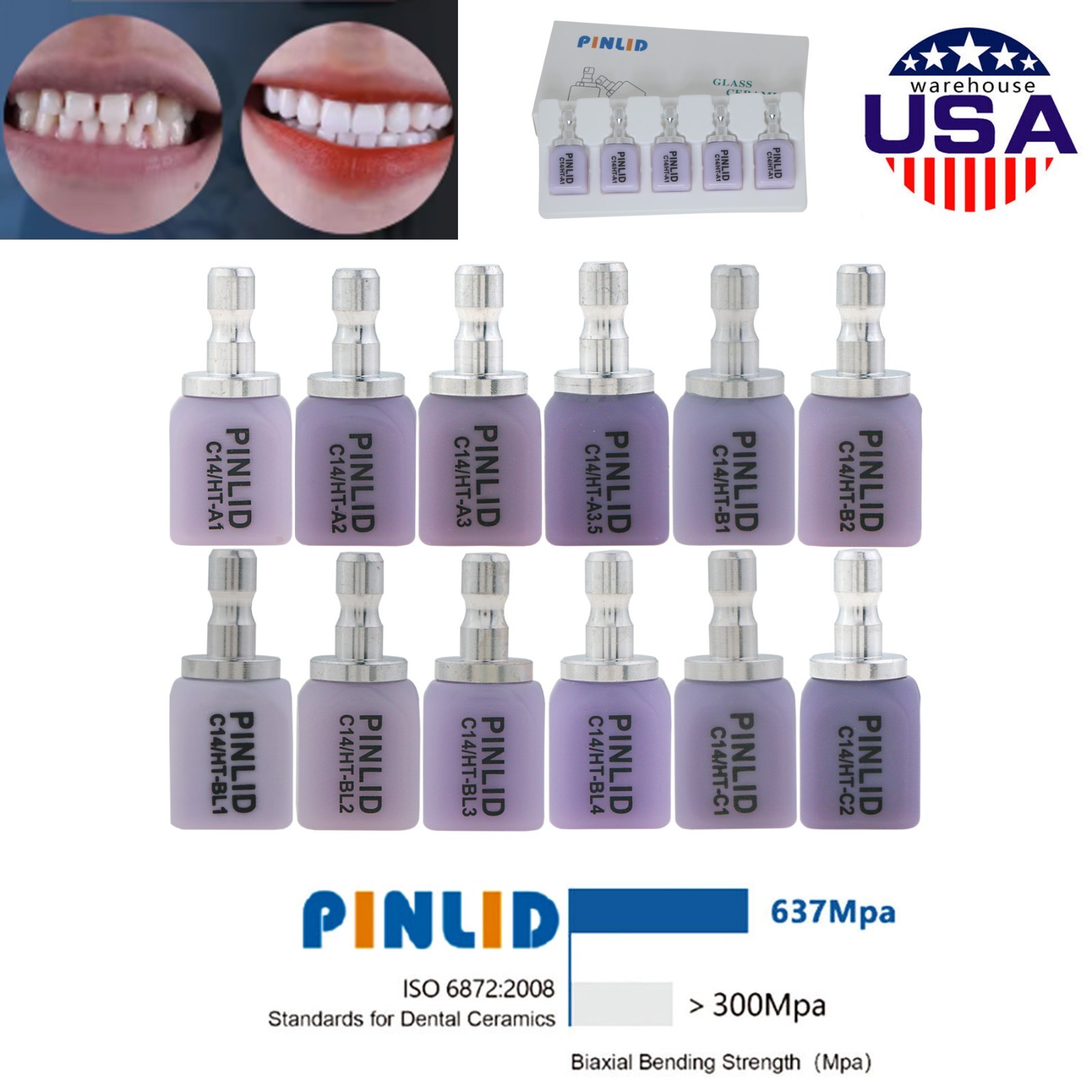 US Dental Lithium Disilicate Glass Ceramic Blocks CEREC Veneer Crown C14 CAD/CAM