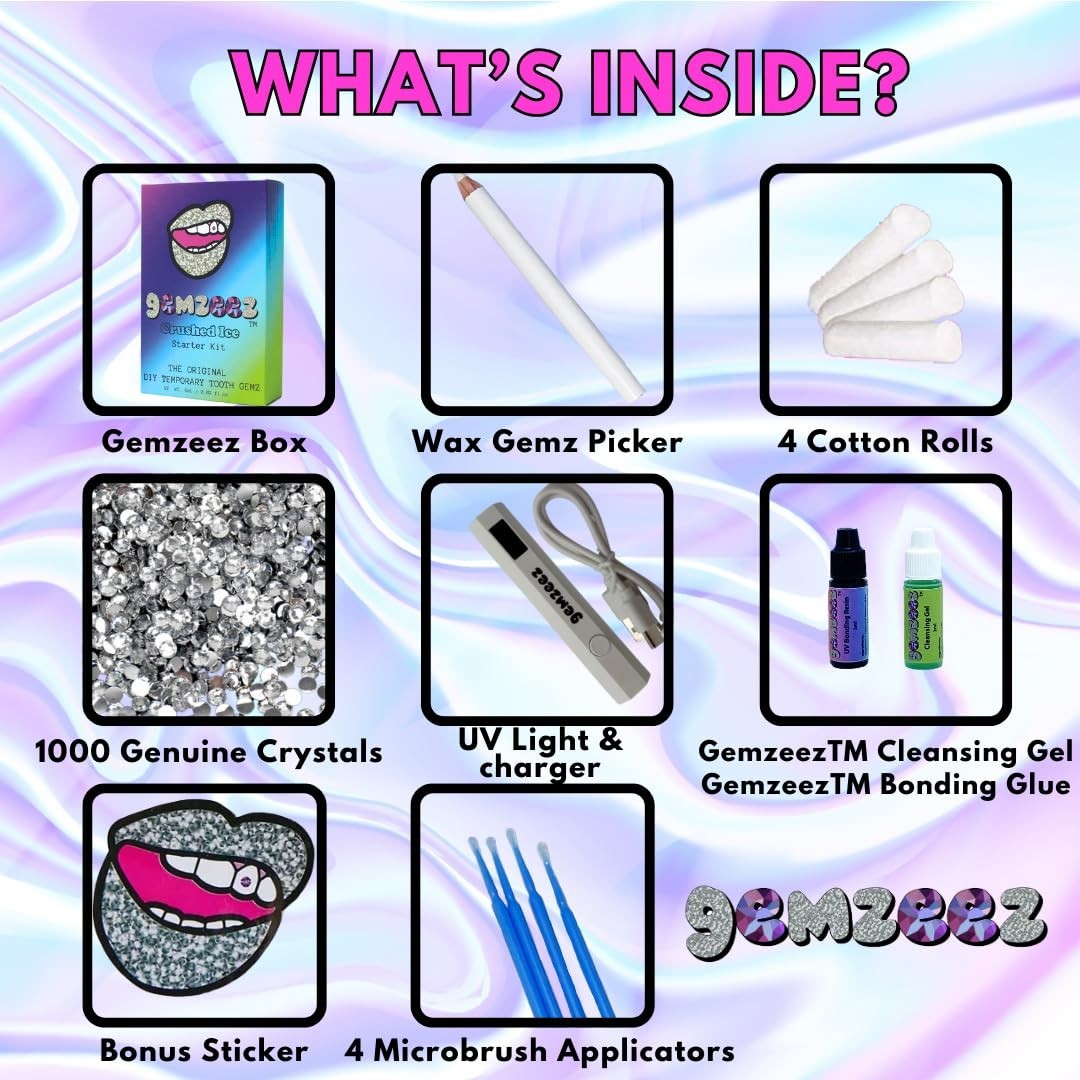 Easy At-Home Tooth Gem Kit – Crushed Ice Rhinestone Gems & UV Light