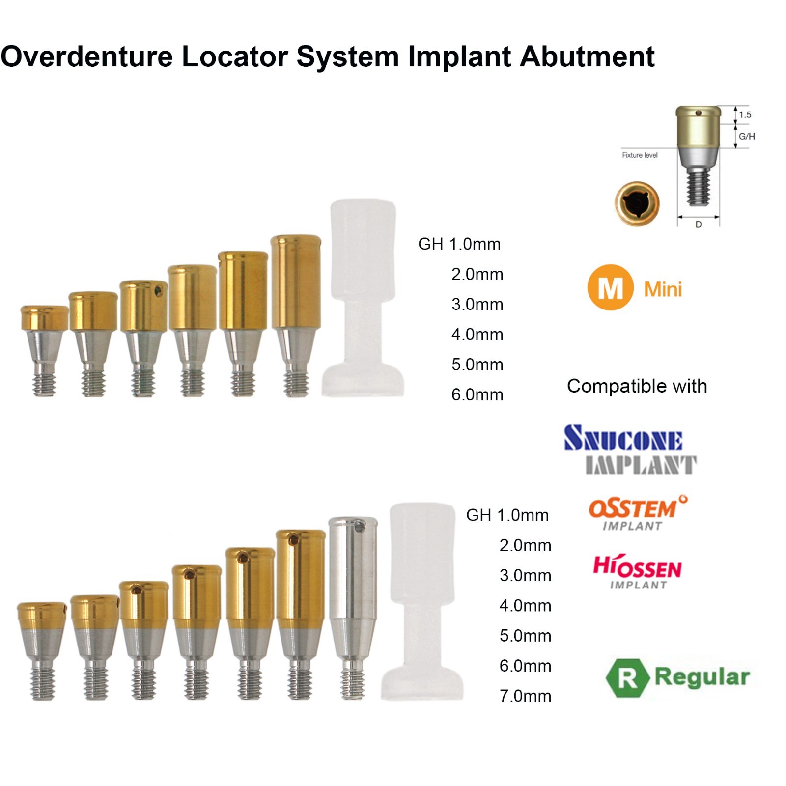 Locator Overdenture Abutment Mini/Regular 3.5/4.0/4.5mm Int Hex Fits Hiossen ET