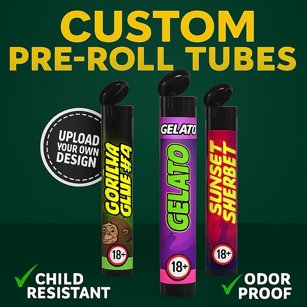 Custom Pre Roll Tubes with Vinyl Logo Labels – Child Resistant 98mm Pop Top Bulk