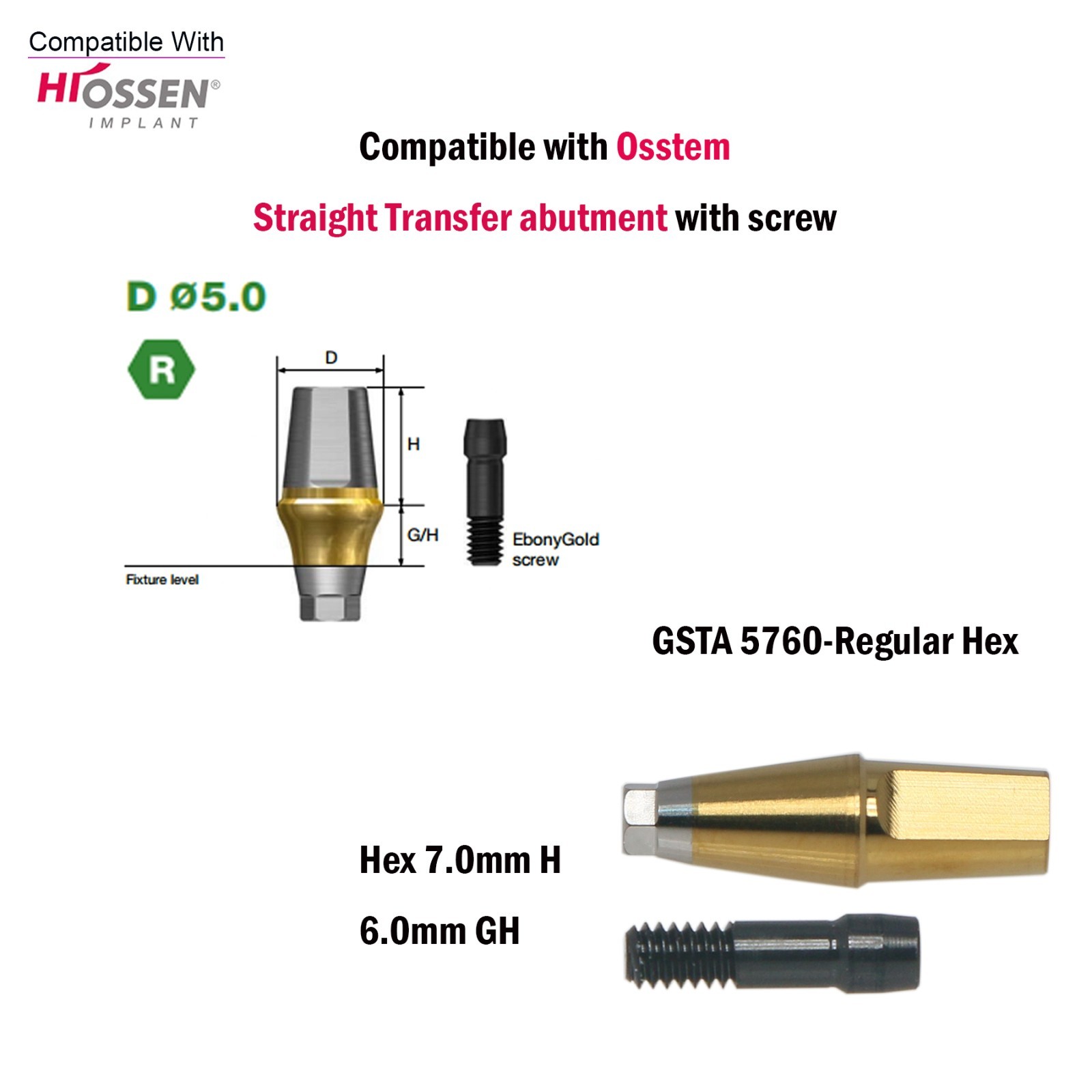 US Regular Straight Transfer Abutment Ø5.0 For Osstem Hiossen Hex 7.0mm Implants